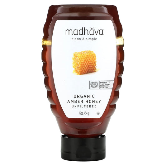 Madhava, Organic Amber Honey, Unfiltered, 16 oz (454 g) - Image 1