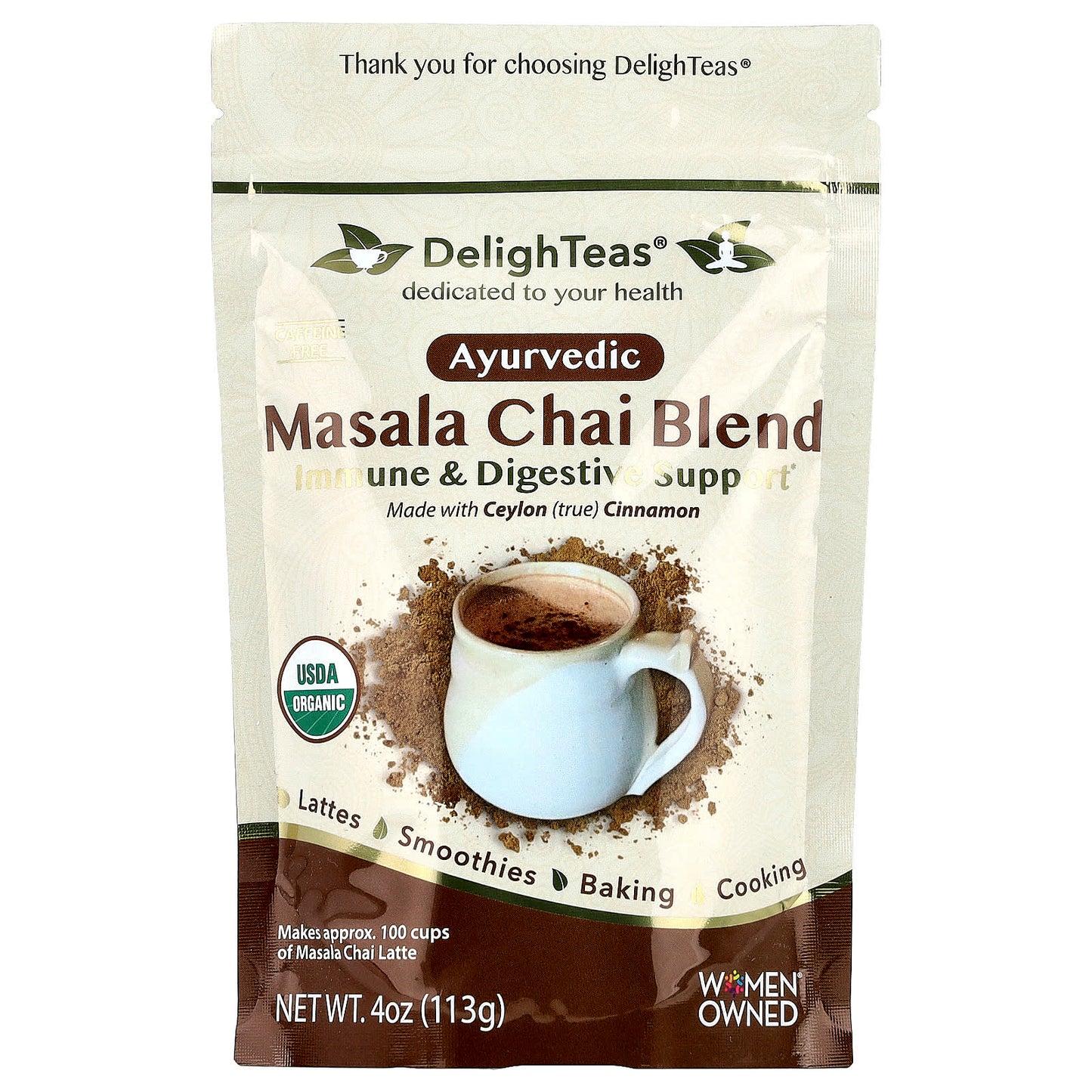 DelighTeas Ayurvedic Masala Chai Blend, Caffeine Free, 100 Cups, 4 oz - Image 1