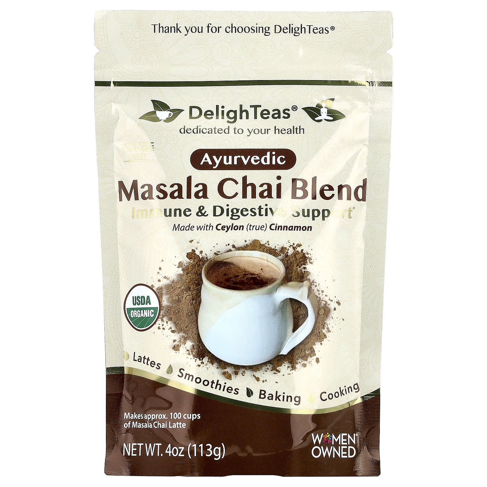 DelighTeas Ayurvedic Masala Chai Blend, Caffeine Free, 100 Cups, 4 oz - Image 1
