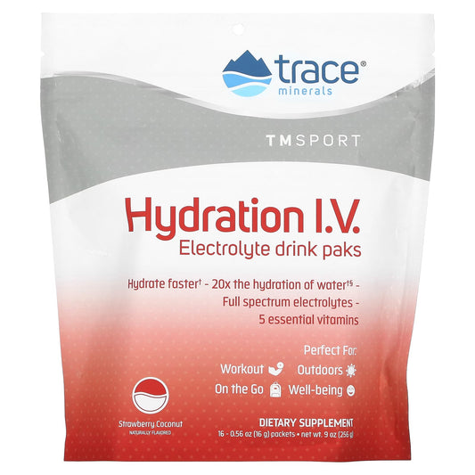 Trace, TM Sport, Hydration I.V., Electrolyte Drink Paks, Strawberry Coconut, 16 Packets, 0.56 oz (16 g) Each - Image 1