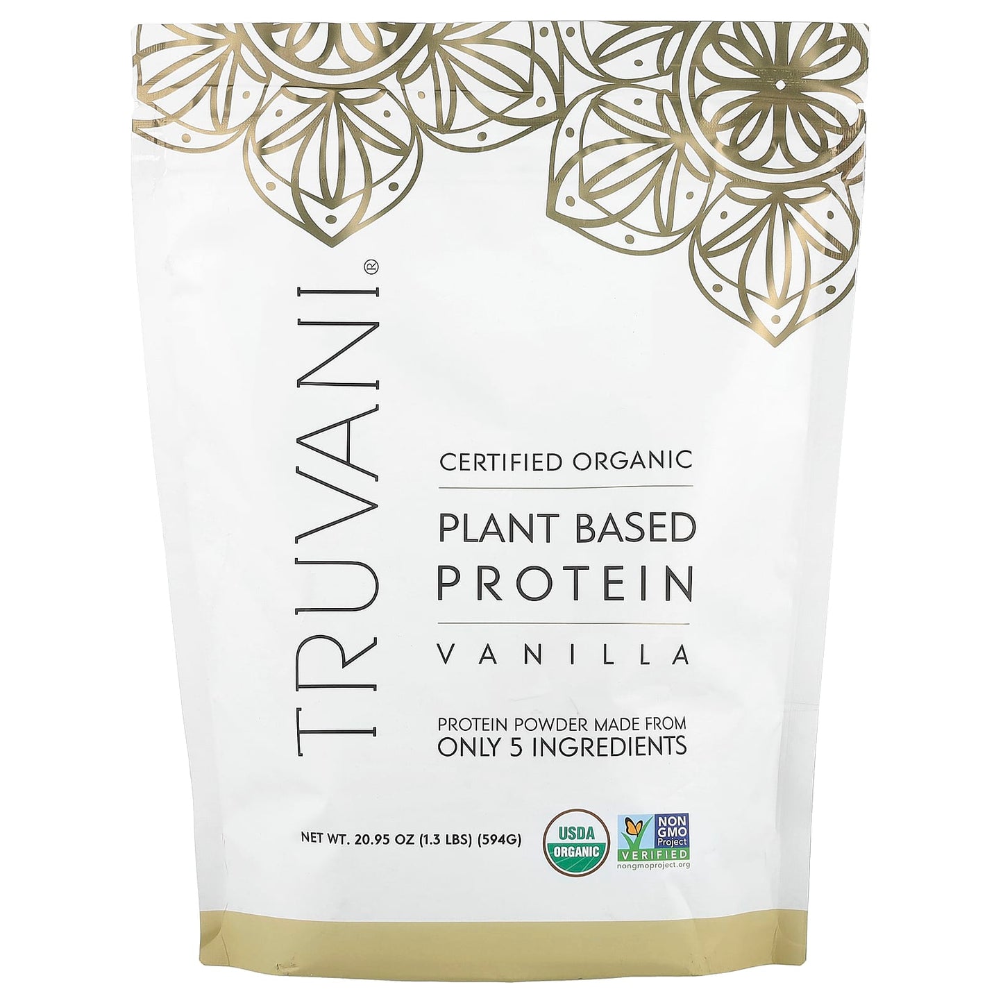 Truvani, Certified Organic Plant Based Protein, Vanilla, 1.3 lbs (594 g) - Image 1