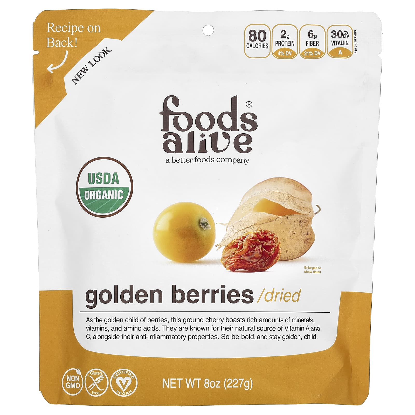 Golden Berries Dried by Foods Alive, USDA Organic, Non-GMO, 8 oz (227g) - Image 1