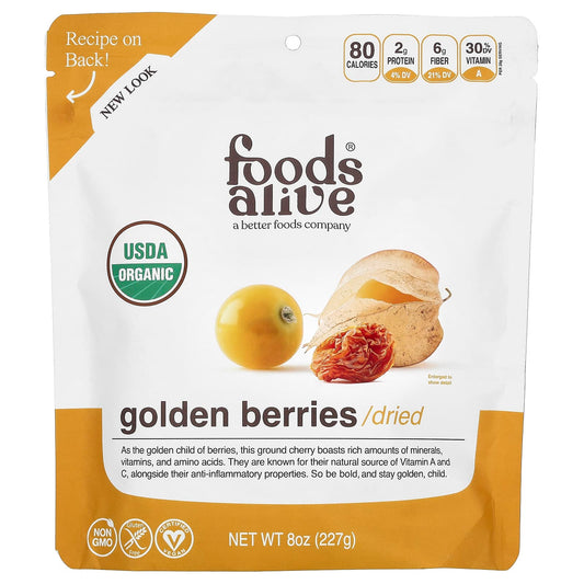 Golden Berries Dried by Foods Alive, USDA Organic, Non-GMO, 8 oz (227g) - Image 1