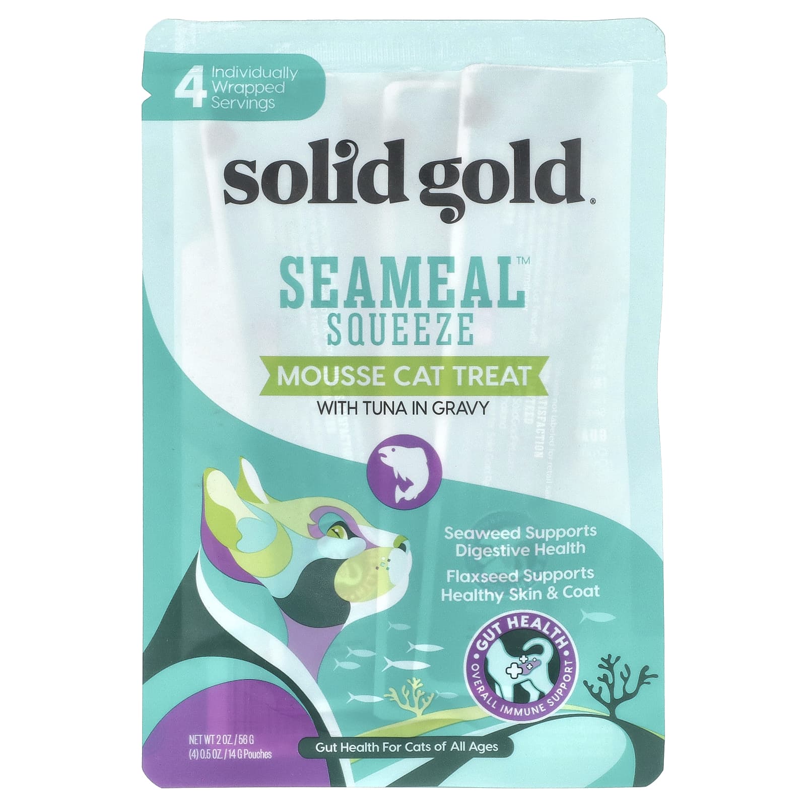 Solid Gold, SeaMeal™ Squeeze Mousse Cat Treat with Tuna in Gravy, For Cats, All Ages, 4 Pouches, 0.5 oz (14 g) Each - Image 1