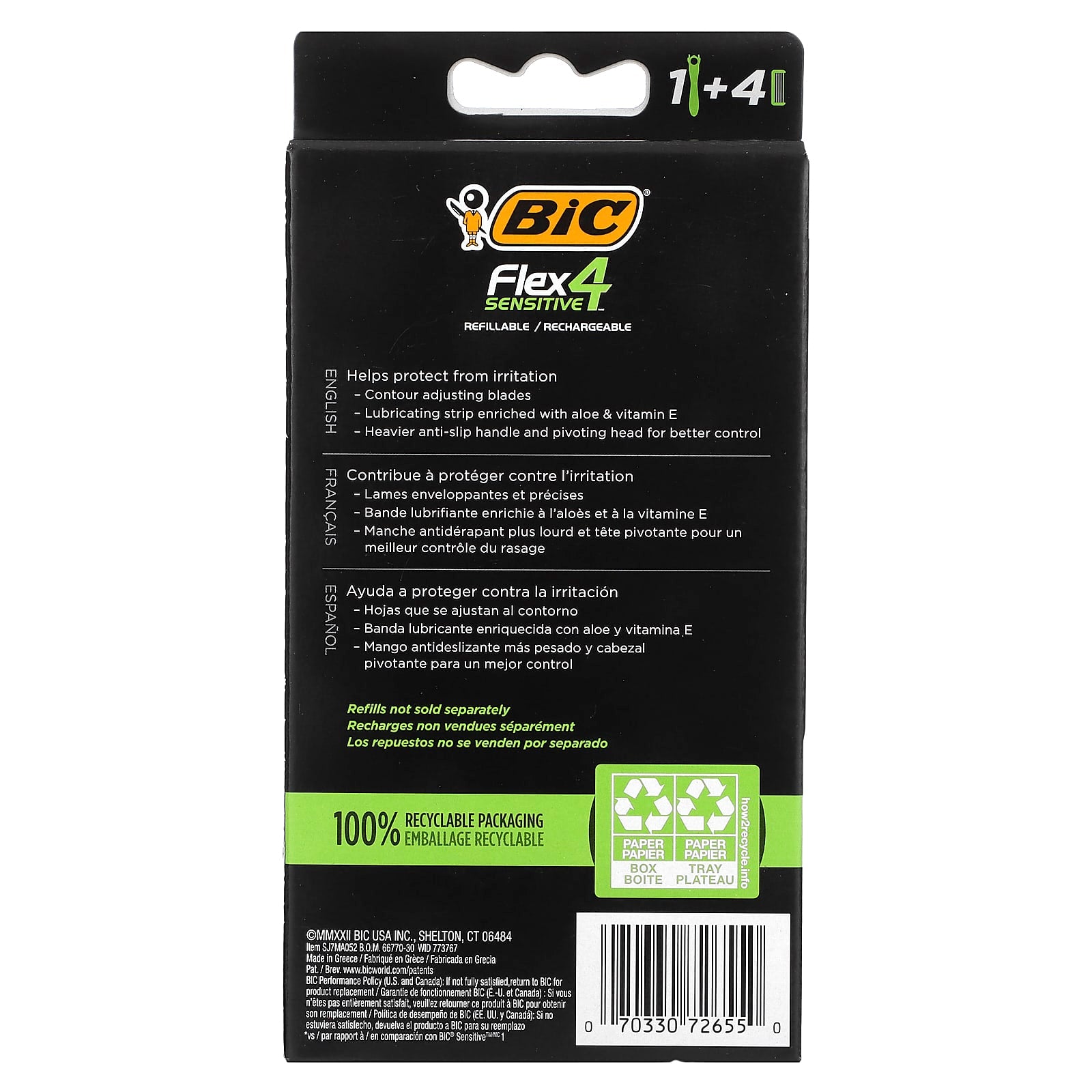 BIC Flex 4 Sensitive, Refillable Shaving Razor for Sensitive Skin - Image 2