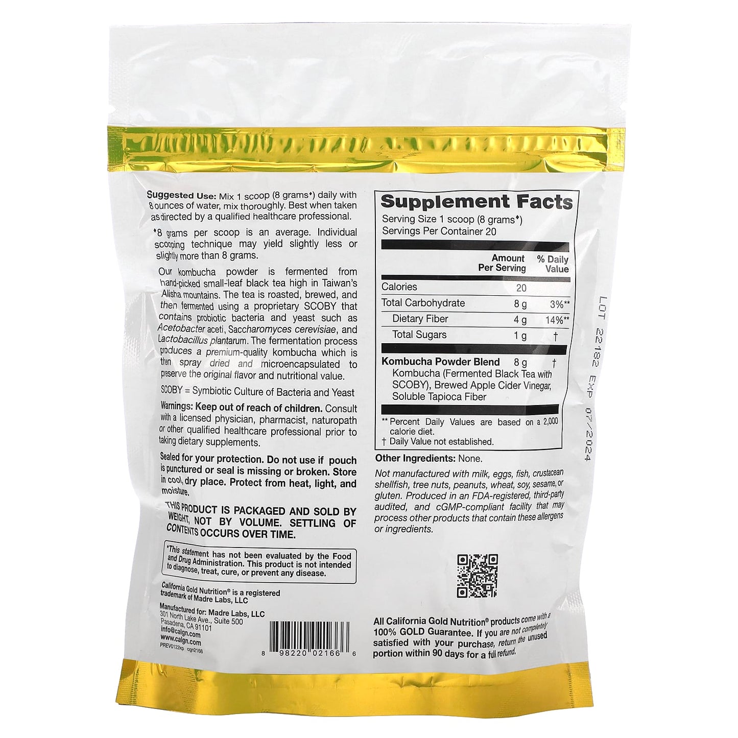 California Gold Nutrition Superfoods Kombucha Powder, Unflavored, 5.64 oz - Image 2