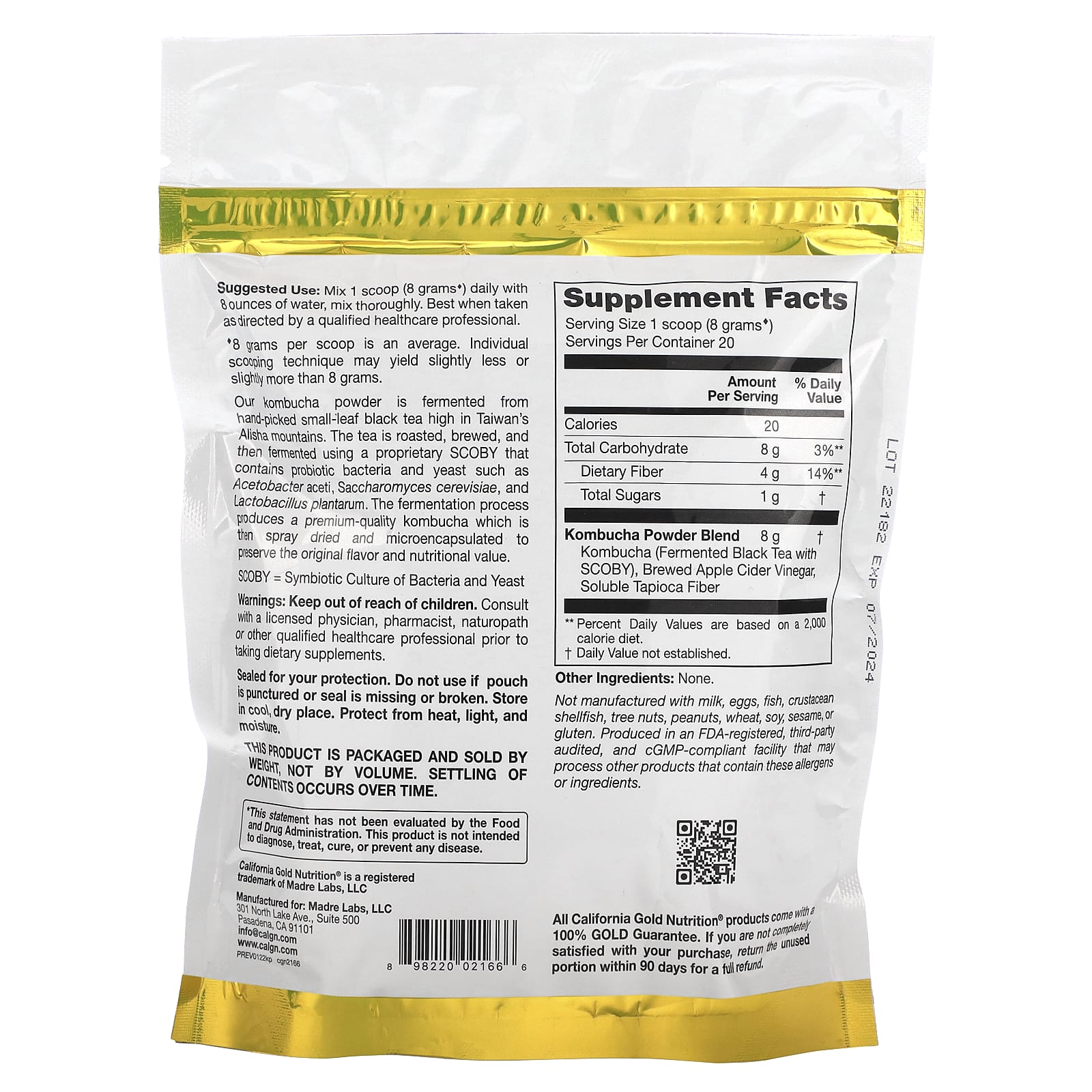 California Gold Nutrition Superfoods Kombucha Powder, Unflavored, 5.64 oz - Image 2