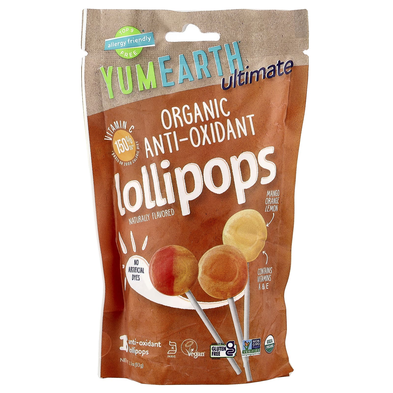 YumEarth, Ultimate, Organic Anti-Oxidant Lollipops, Mango, Orange,  Lemon, 15 Lollipops, 3.3 oz (93 g) - Image 1