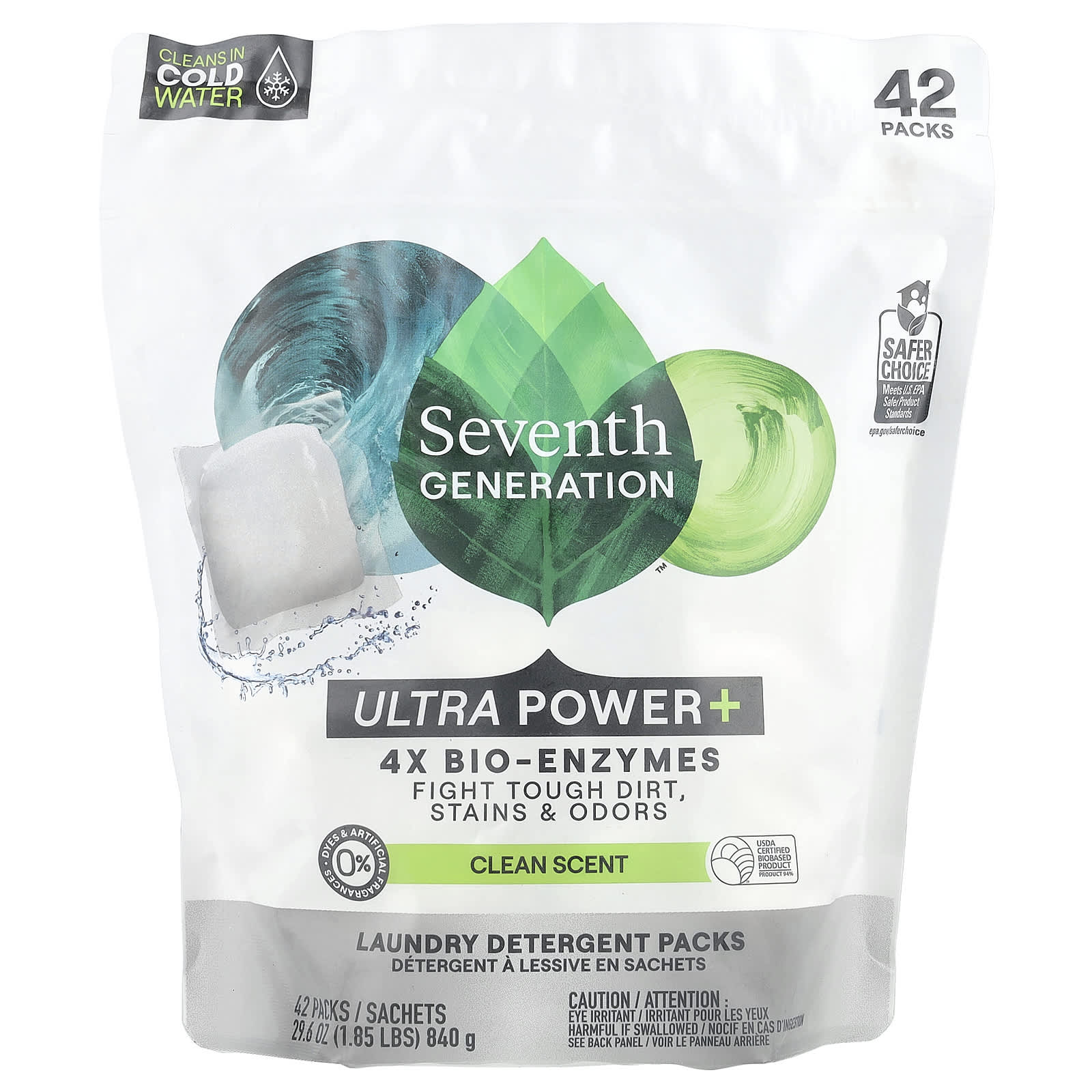 Seventh Generation, Laundry Detergent Packs, Ultra Power +, Clean Scent, 42 Packs, 29.6 oz (840 g) - Image 1