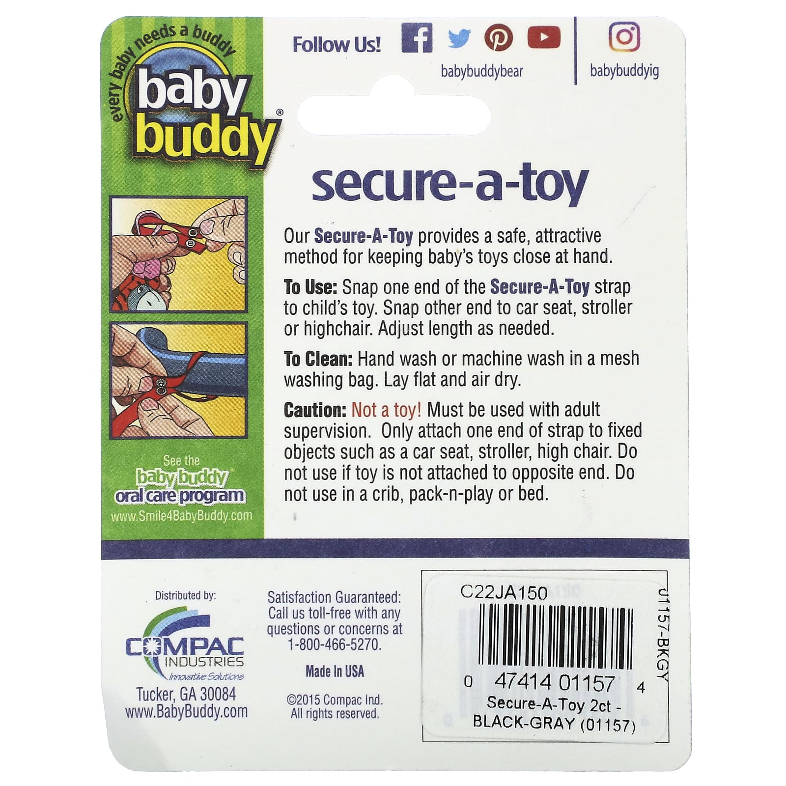 Baby Buddy Secure-A-Toy: Keeps Toys Safe & Clean (Black/Gray, 2 Straps) - Image 2