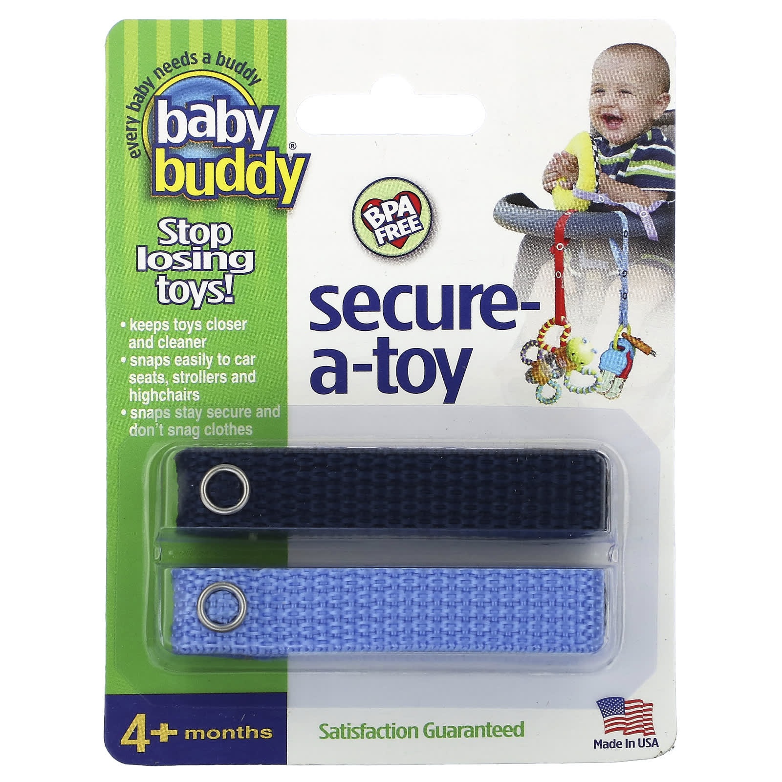 Baby Buddy Secure-A-Toy, 4+ Months, Deep Blue & Sky Blue, 2 Straps - Image 1