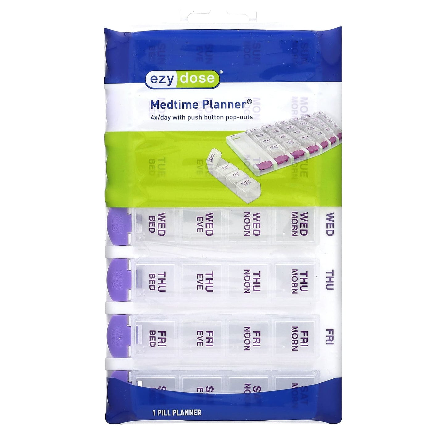 Ezy Dose Weekly Pill Planner with Push Button Pop-Outs, Purple - Image 1