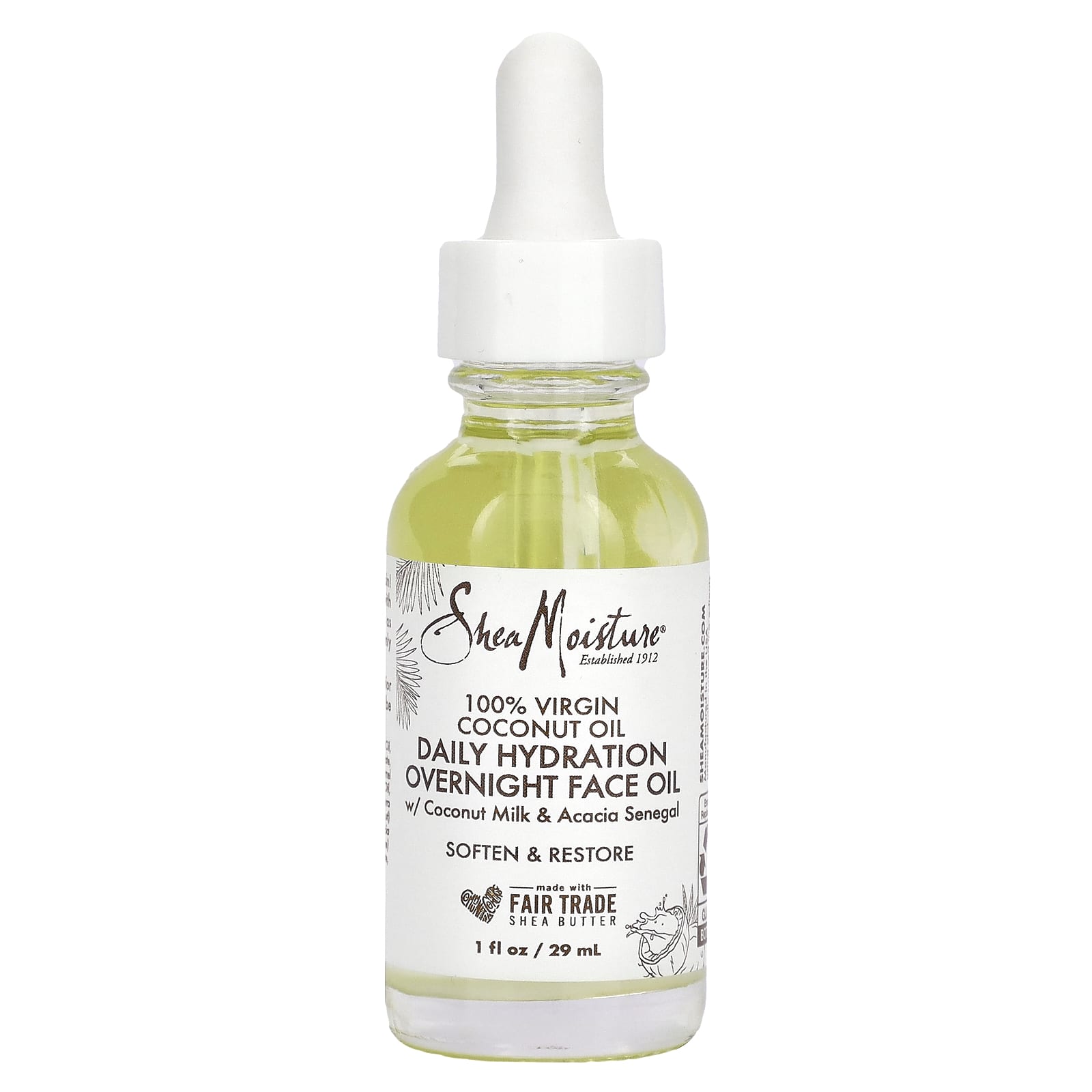 SheaMoisture, 100% Virgin Coconut Oil, Daily Hydration Overnight Face Oil, 1 fl oz (29 ml) - Image 1