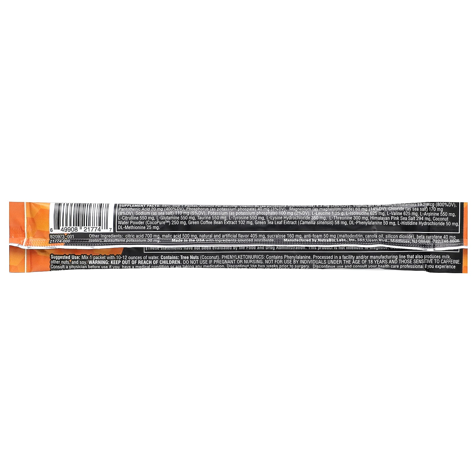 NutraBio, Amino Kick, Orange Mango, 1 Stick Pack, 0.32 oz (9 g) - Image 2