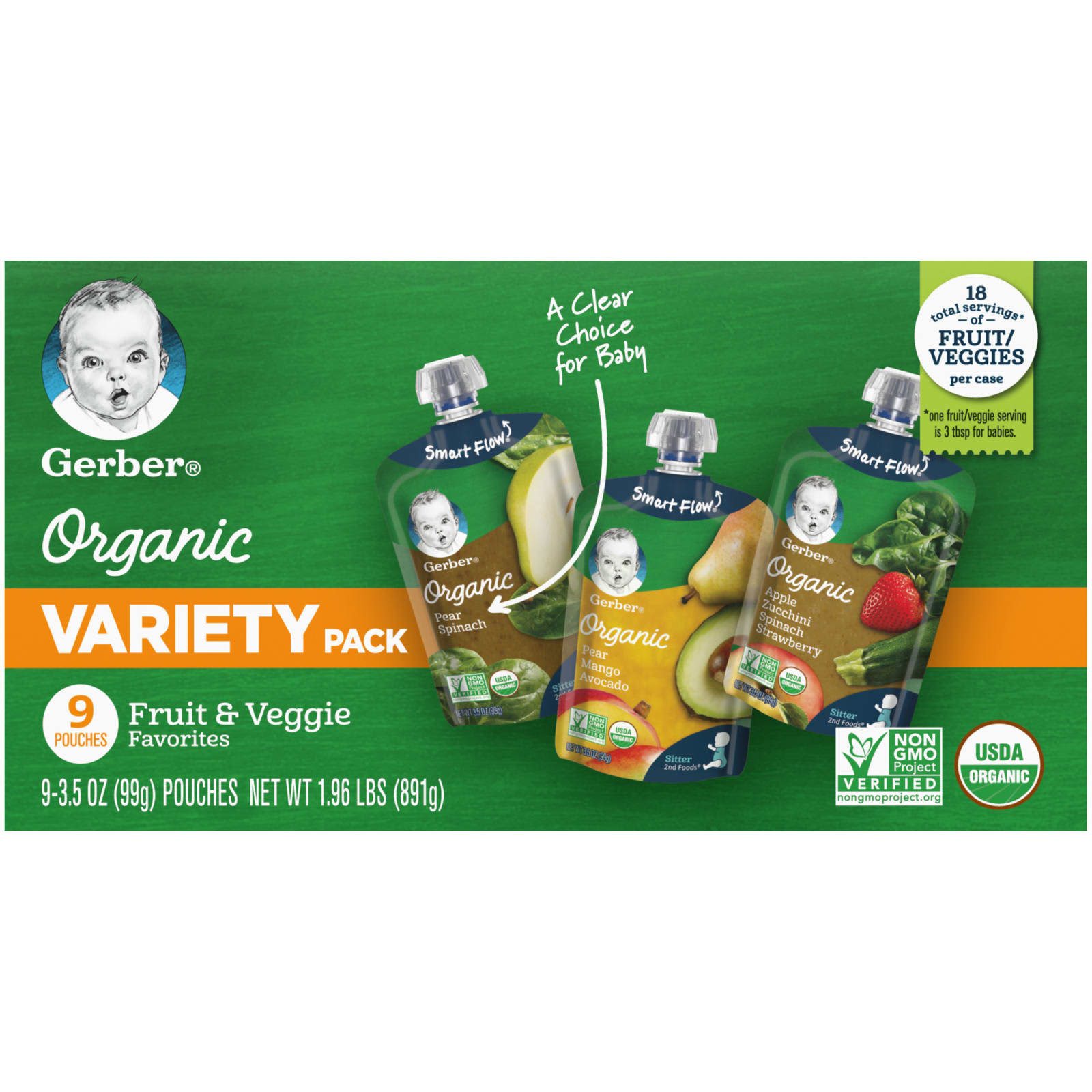Gerber Organic Baby Food Variety Pack, 9 Pouches, 3.5 oz Each - Image 1