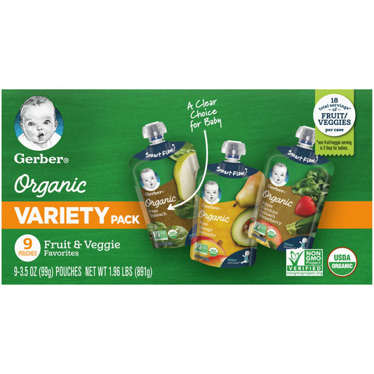 Gerber Organic Baby Food Variety Pack, 9 Pouches, 3.5 oz Each - Image 1
