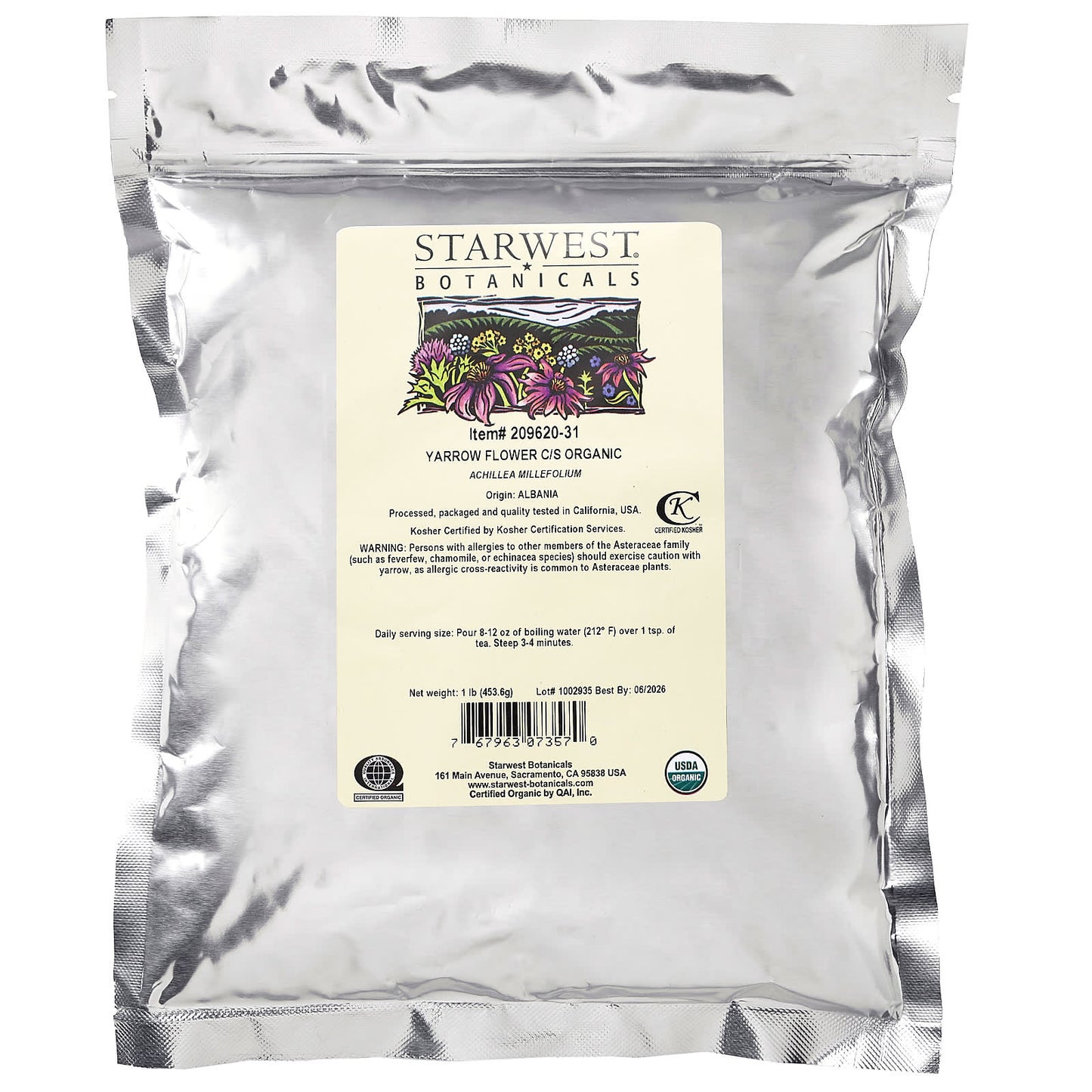 Starwest Botanicals, Organic Yarrow Flower, Cut & Shifted, 1 lb (453.6 g) - Image 2