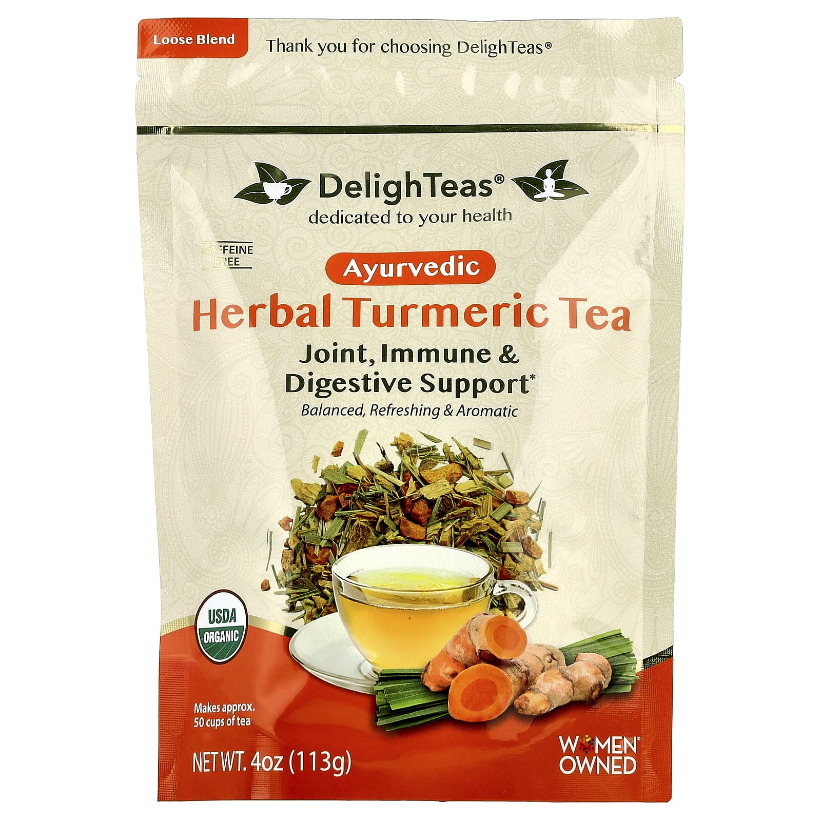DelighTeas, Ayurvedic Herbal Turmeric Tea, Loose Blend, Caffeine Free , 4 oz (113 g)