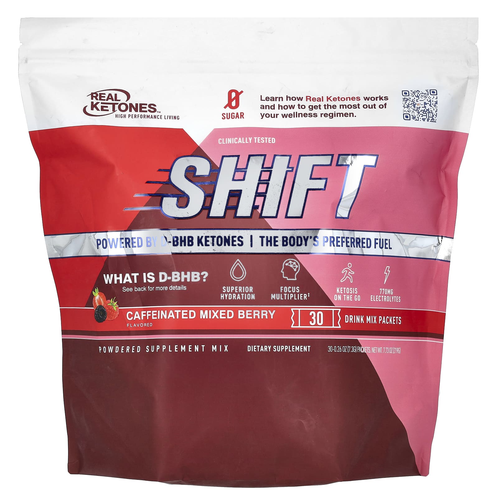 Real Ketones, Shift, Caffeinated Mixed Berry, 30 Packets, 0.26 oz (7.3 g) Each - Image 1