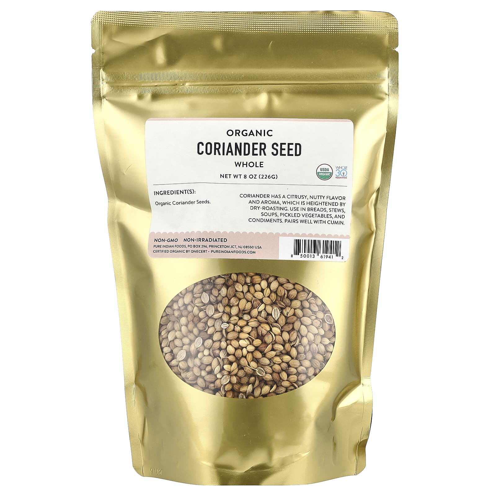 Pure Indian Foods, Organic Coriander Seed, Whole , 8 oz (226 g) - Image 1