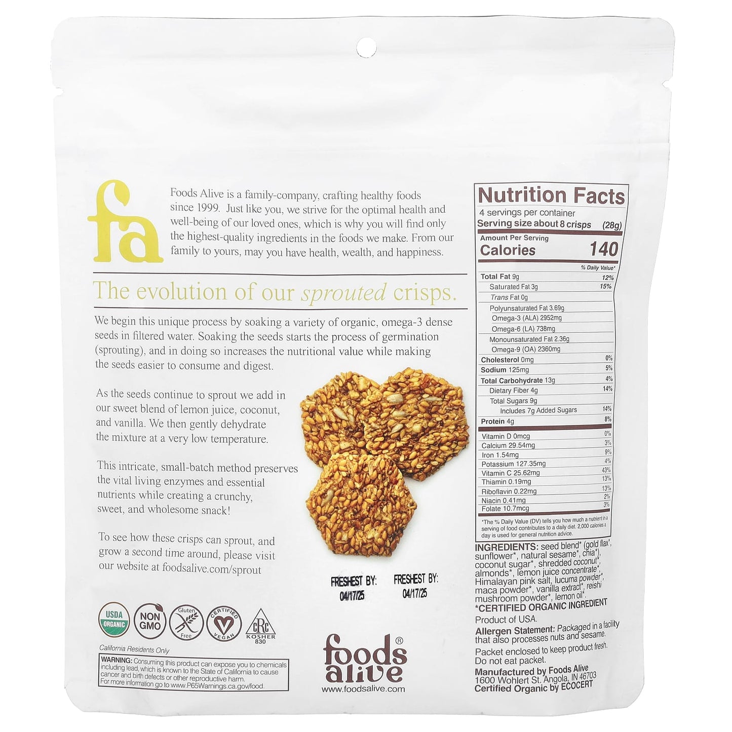 USDA Organic Sprouted Snacks by Foods Alive | Lemony Lemon Flavor - Image 2