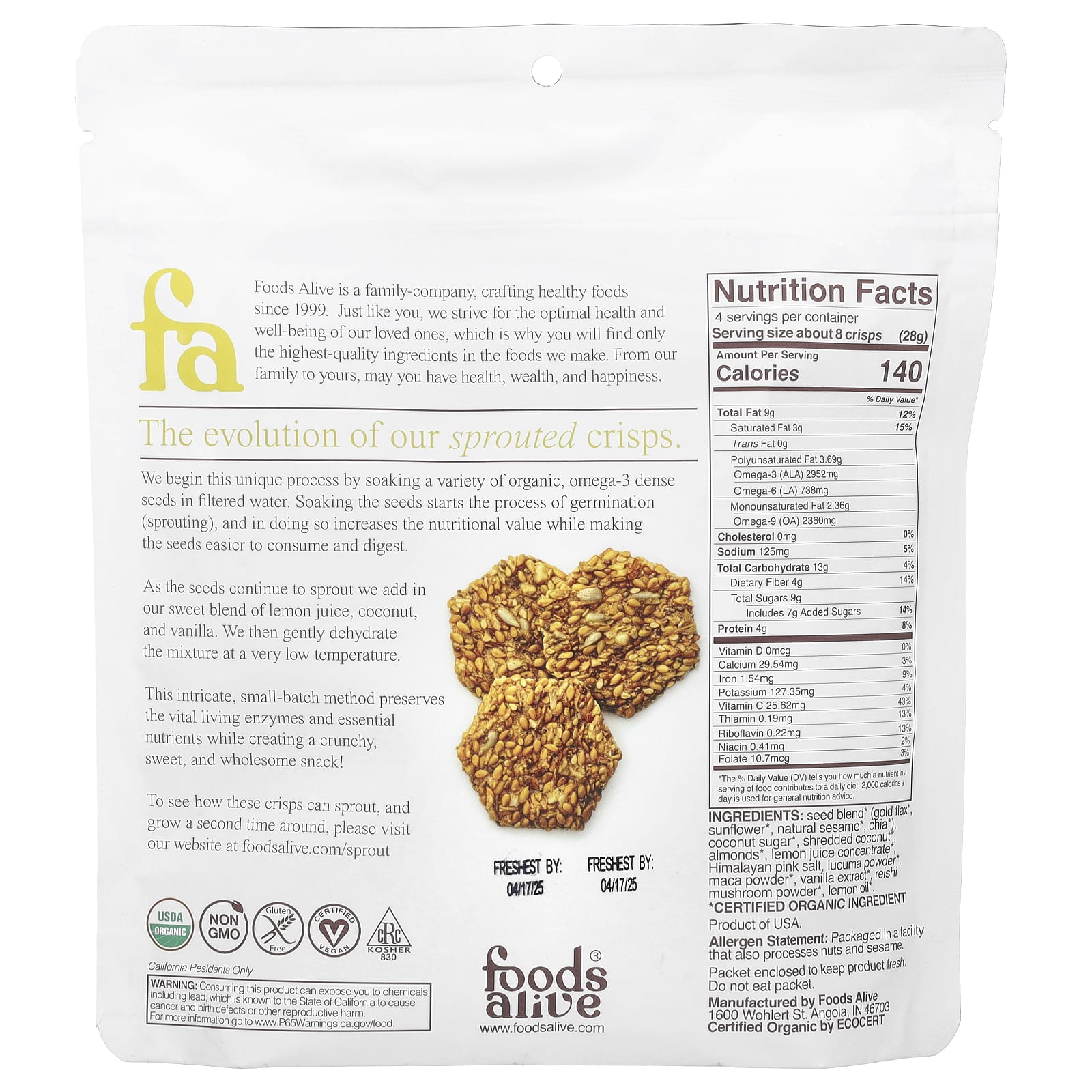 USDA Organic Sprouted Snacks by Foods Alive | Lemony Lemon Flavor - Image 2