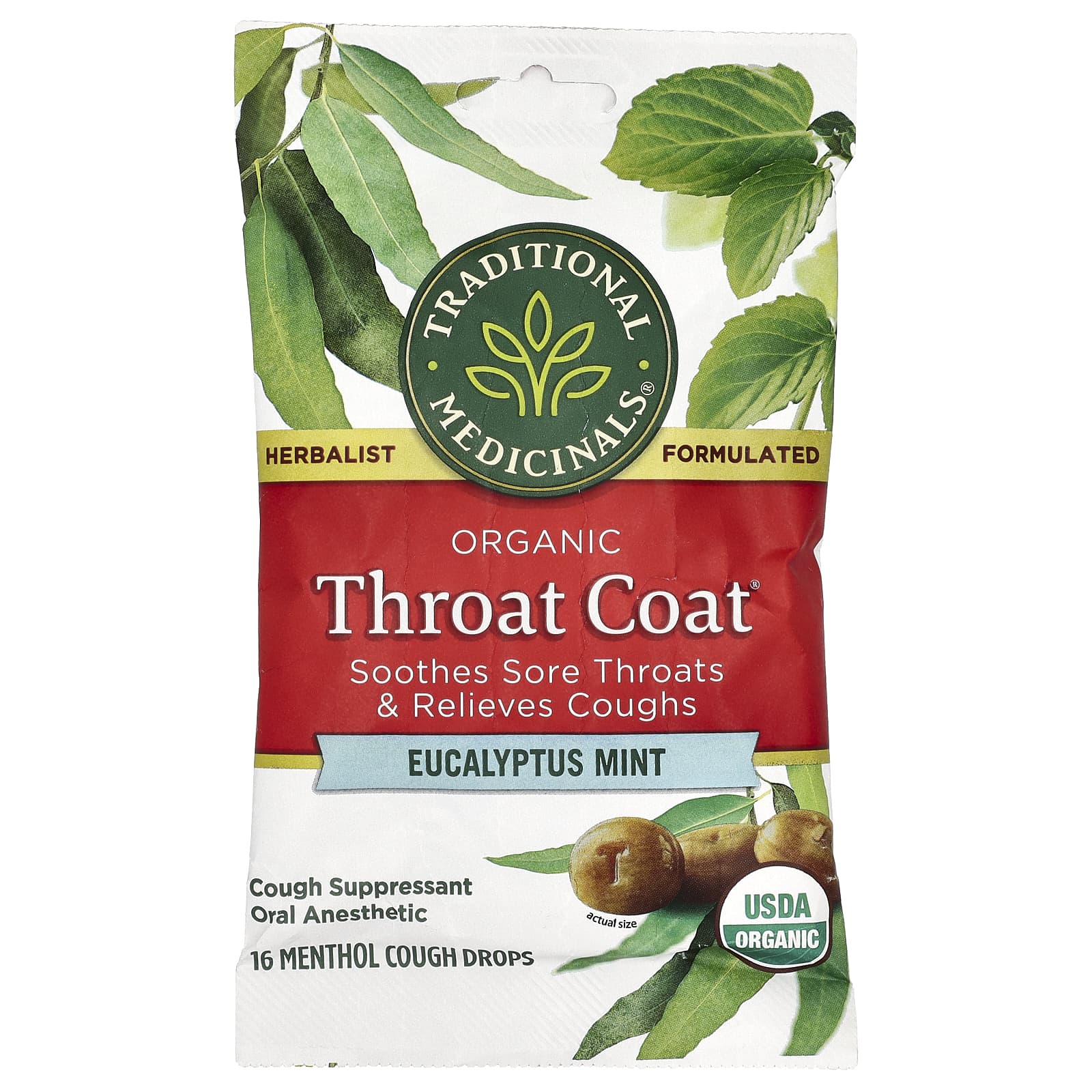 Traditional Medicinals, Organic Throat Coat® Drops, Eucalyptus Mint, 16 Menthol Cough Drops - Image 1