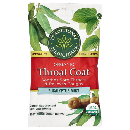 Traditional Medicinals, Organic Throat Coat® Drops, Eucalyptus Mint, 16 Menthol Cough Drops - Image 1