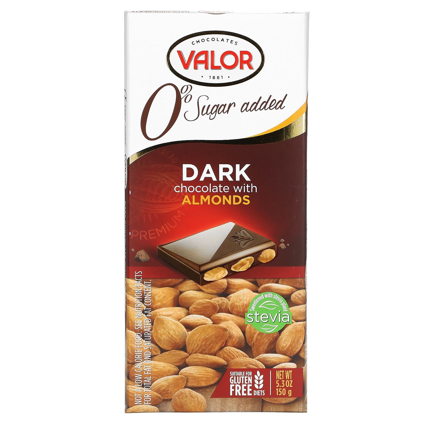 Valor, 0% Sugar Added, Dark Chocolate with Almonds, 5.3 oz (150 g) - Image 1