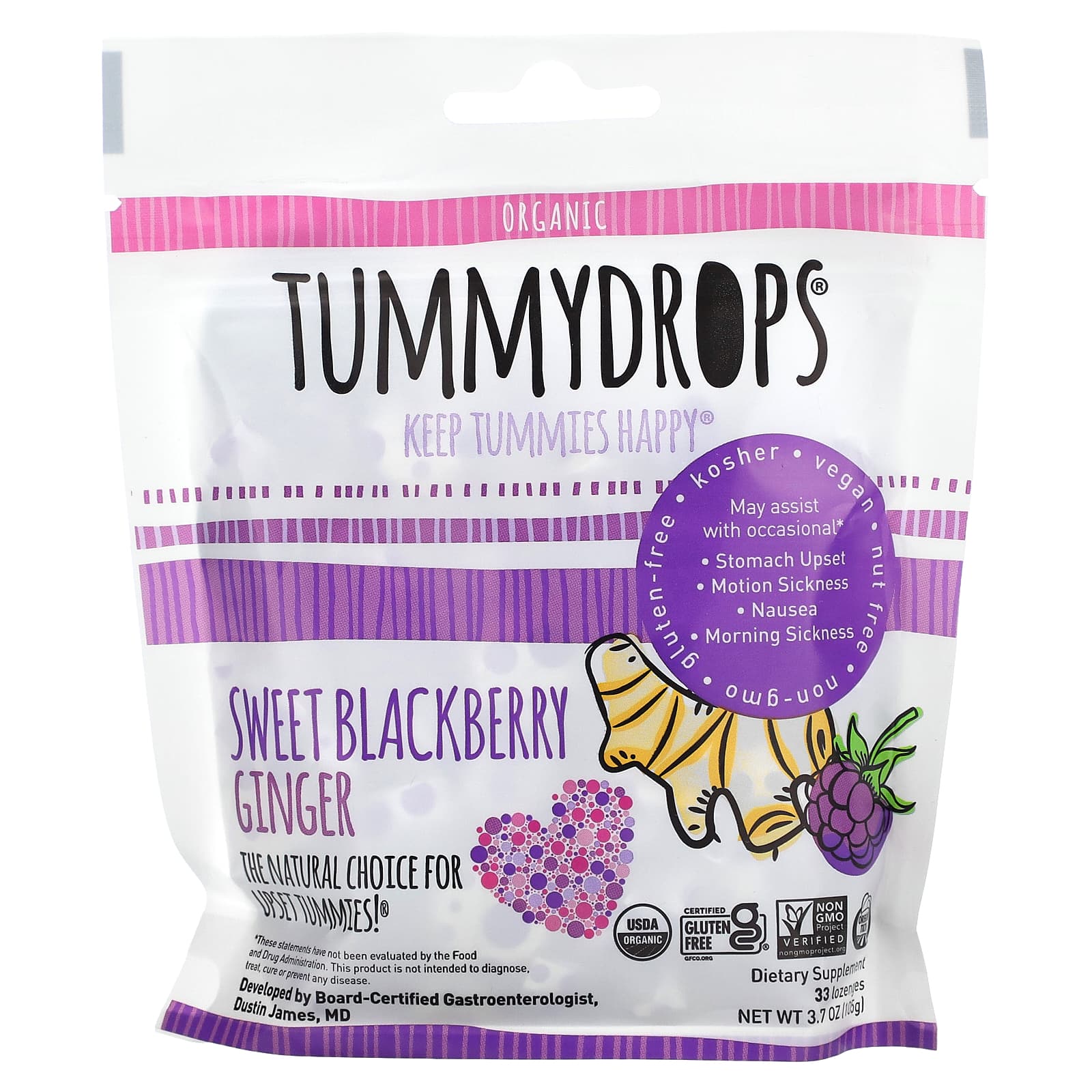 Tummydrops, Organic Sweet Blackberry Ginger, 33 Lozenges - Image 1