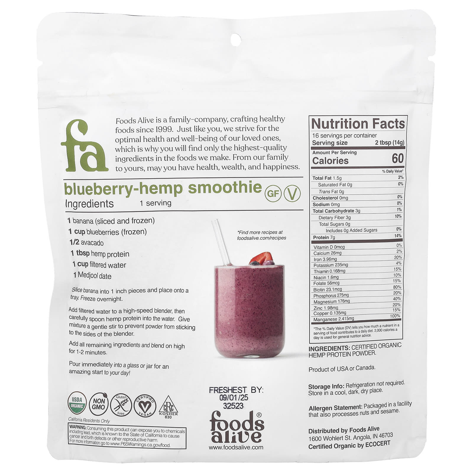 Vegan Organic Hemp Protein Powder by Foods Alive - 8 oz (227g) - Image 2