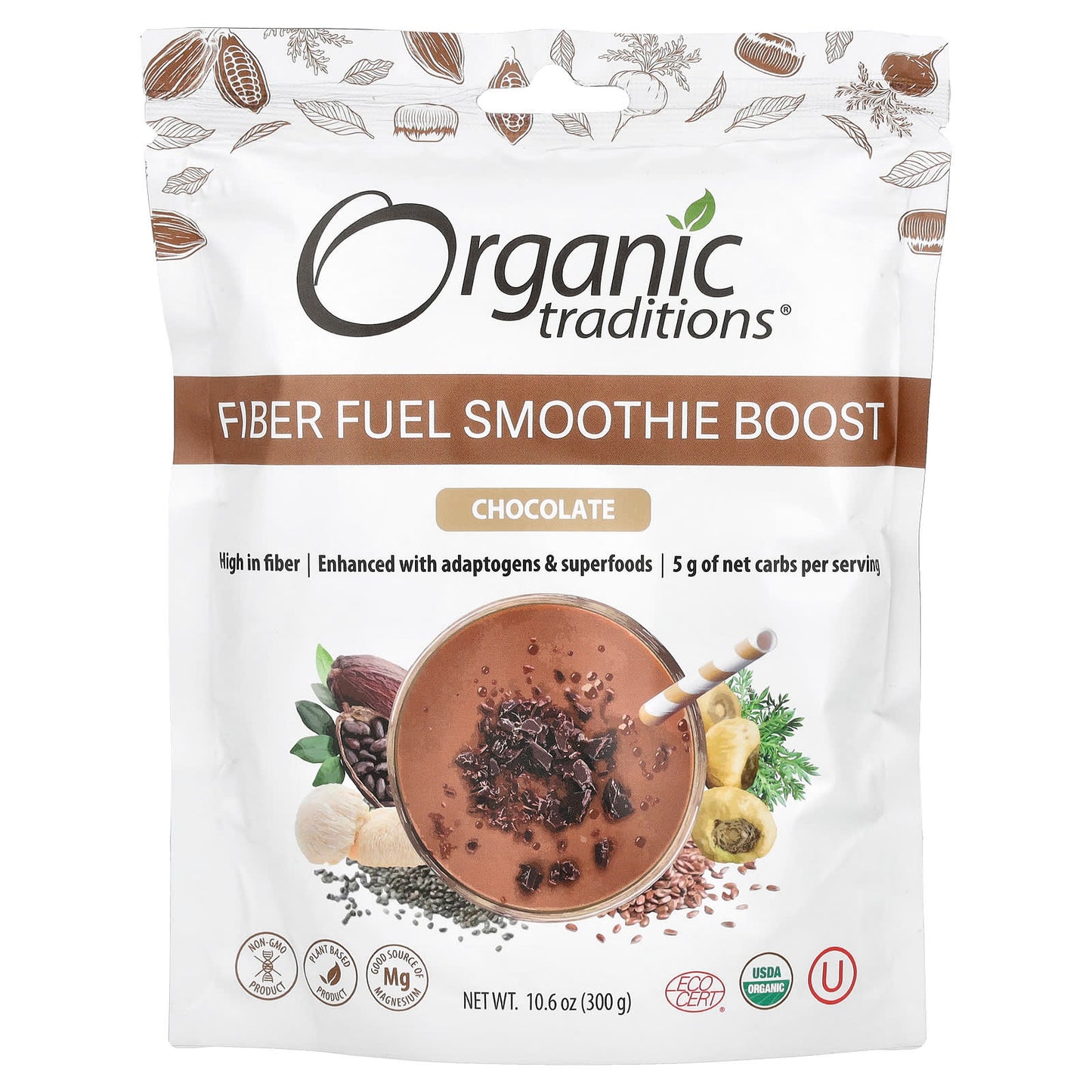 Organic Traditions, Fiber Fuel Smoothie Boost, Chocolate, 10.6 oz (300 g) - Image 1