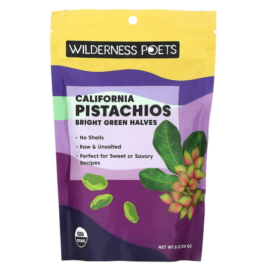 Wilderness Poets, Organic California Pistachios, Bright Green Halves, Unsalted, 8 oz (226 g) - Image 1