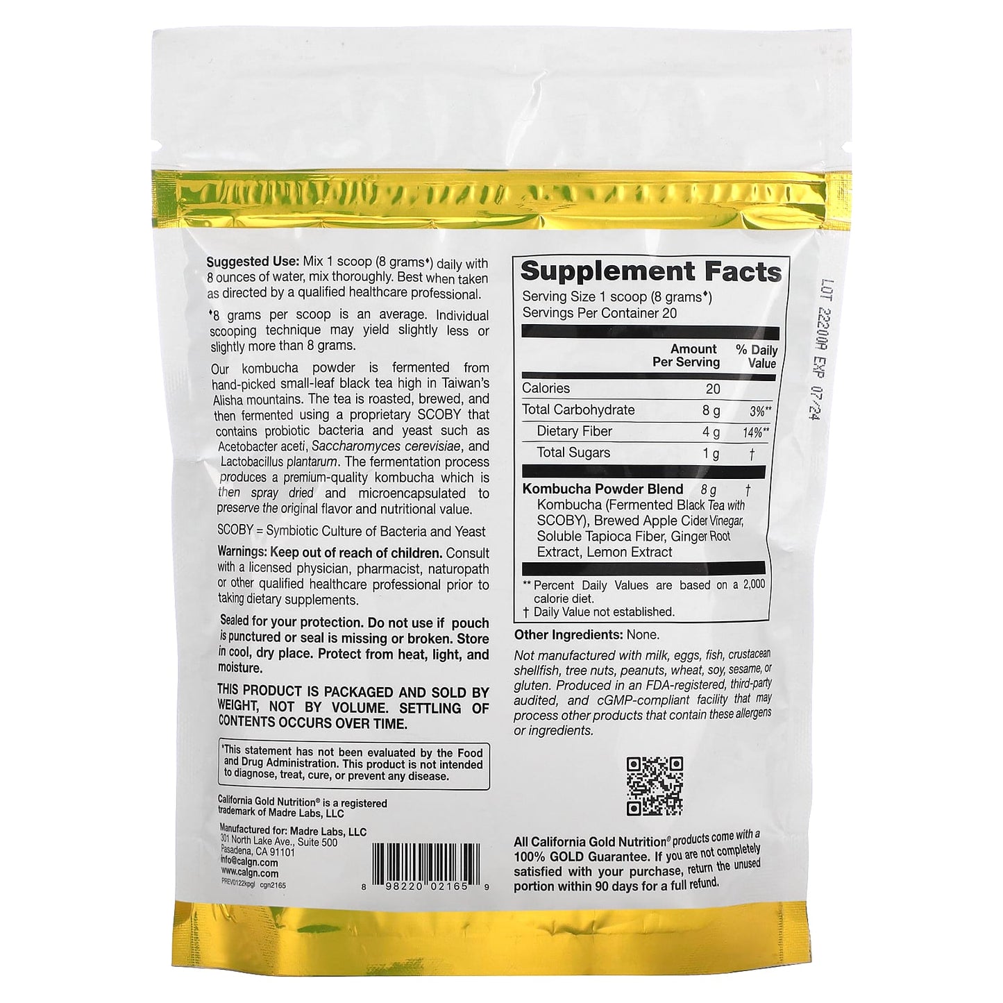 California Gold Nutrition Kombucha Powder, Ginger Lemon, Digestive Health Support - Image 2