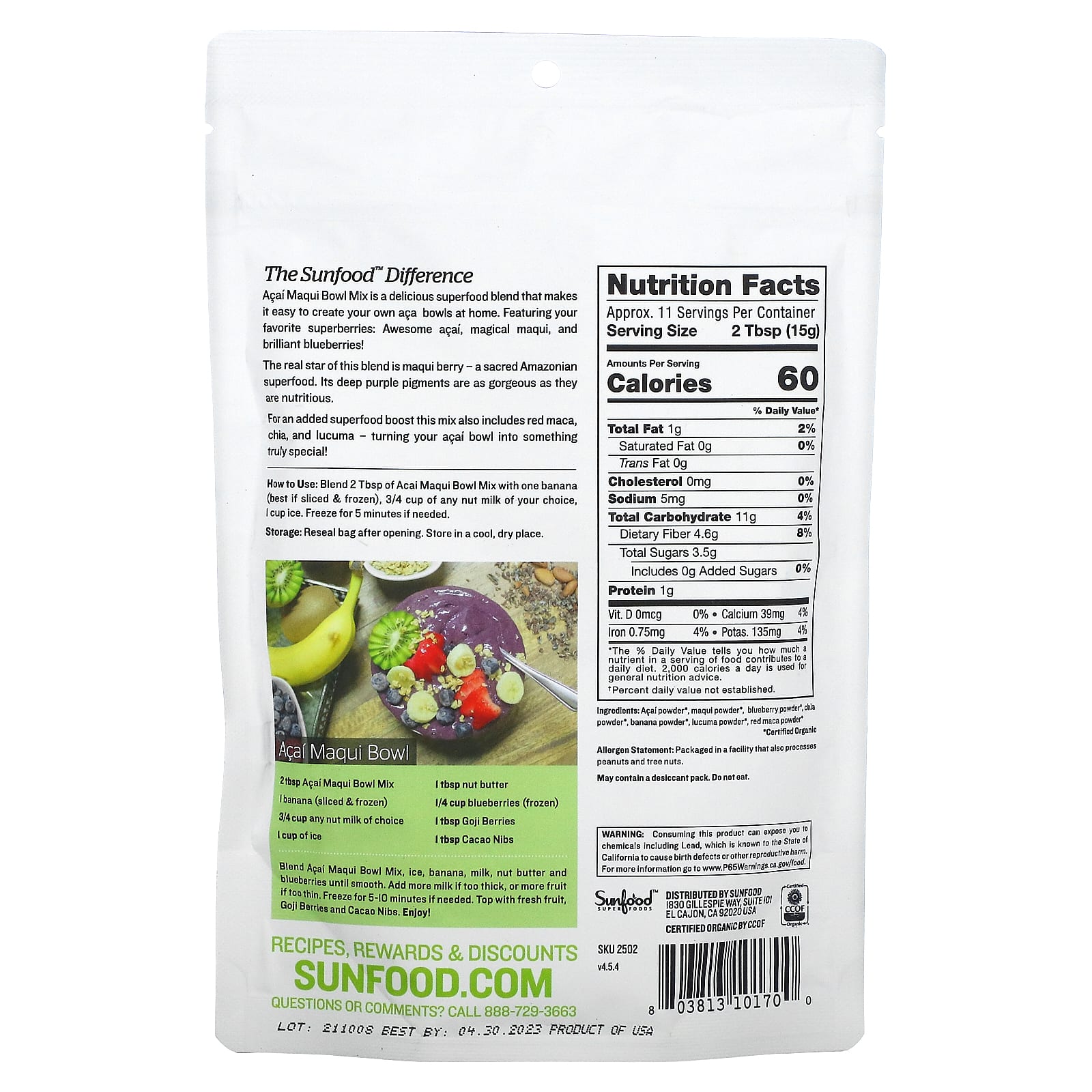 Sunfood, Superfoods, Organic Acai Maqui Bowl Mix, 6 oz (170 g) - Image 2