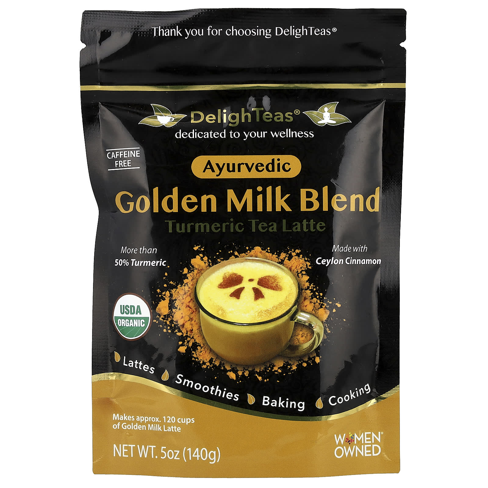 DelighTeas, Ayurvedic Golden Milk Blend, Turmeric Tea Latte, Caffeine Free, 5 oz (140 g)