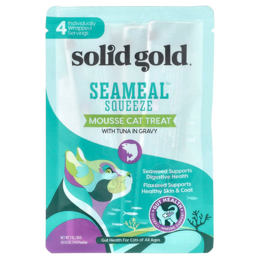 Solid Gold, SeaMeal™ Squeeze Mousse Cat Treat with Tuna in Gravy, For Cats, All Ages, 4 Pouches, 0.5 oz (14 g) Each - Image 1