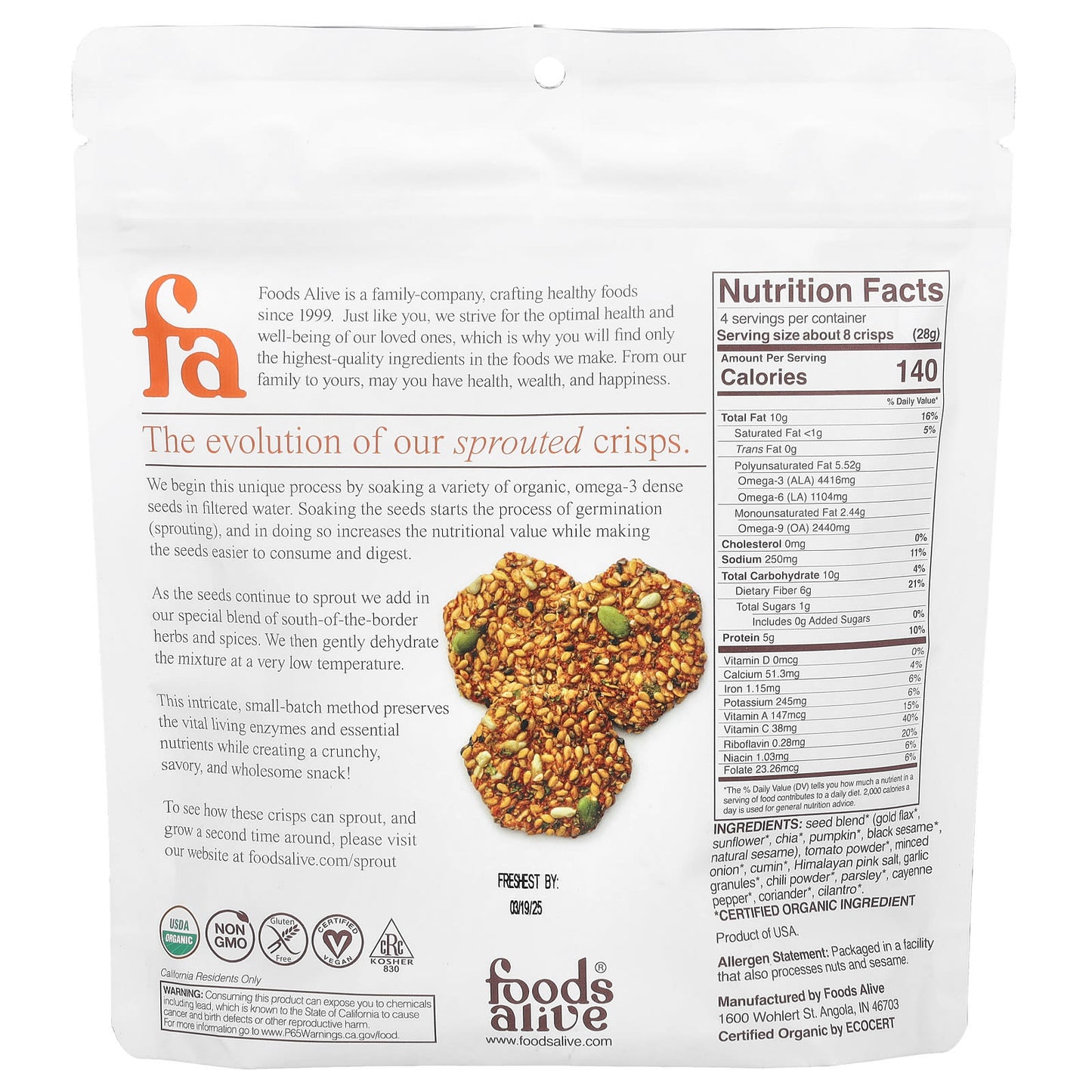 Vegan Sprouted Salsa Fresca Crisps by Foods Alive, USDA Organic - Image 2