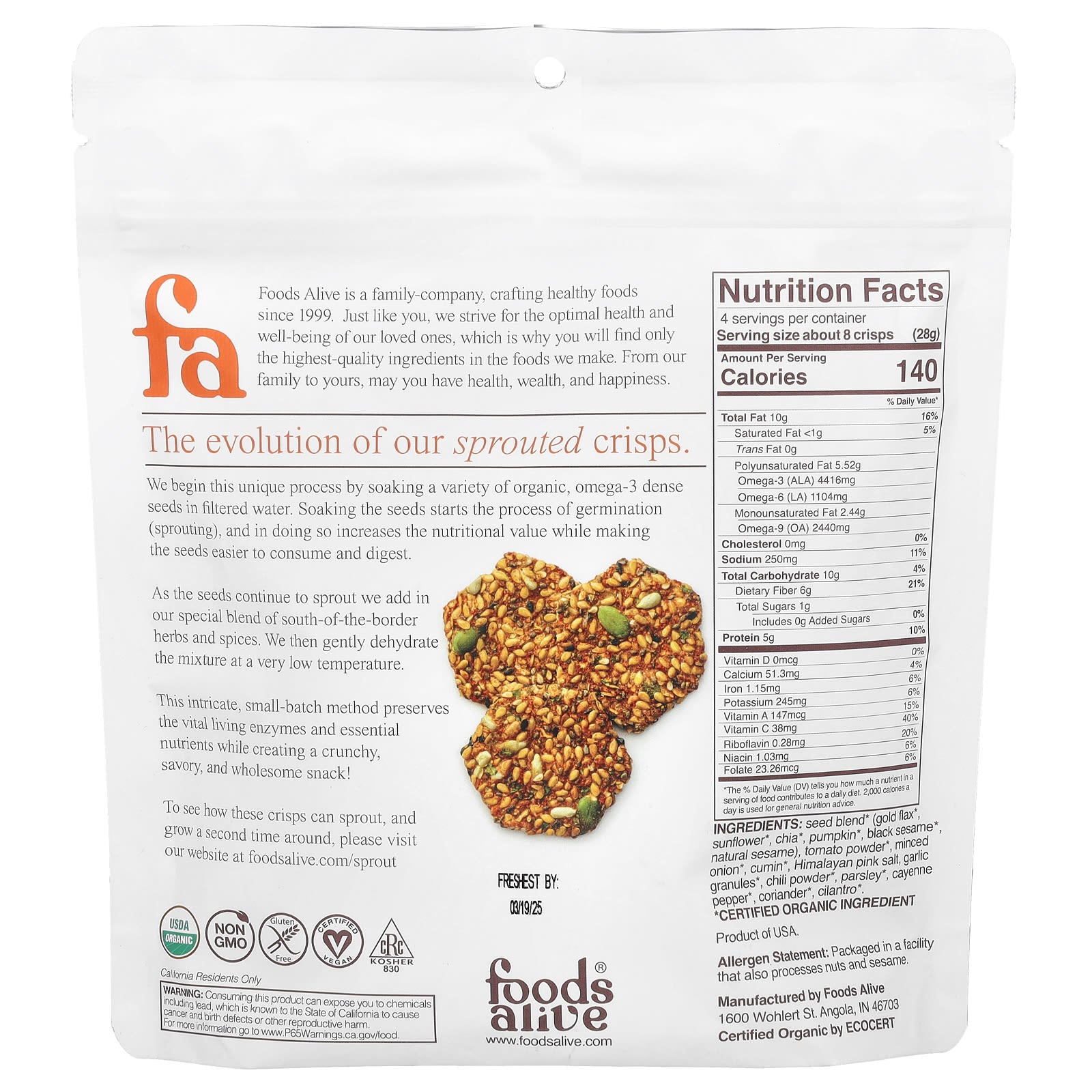 Vegan Sprouted Salsa Fresca Crisps by Foods Alive, USDA Organic - Image 2