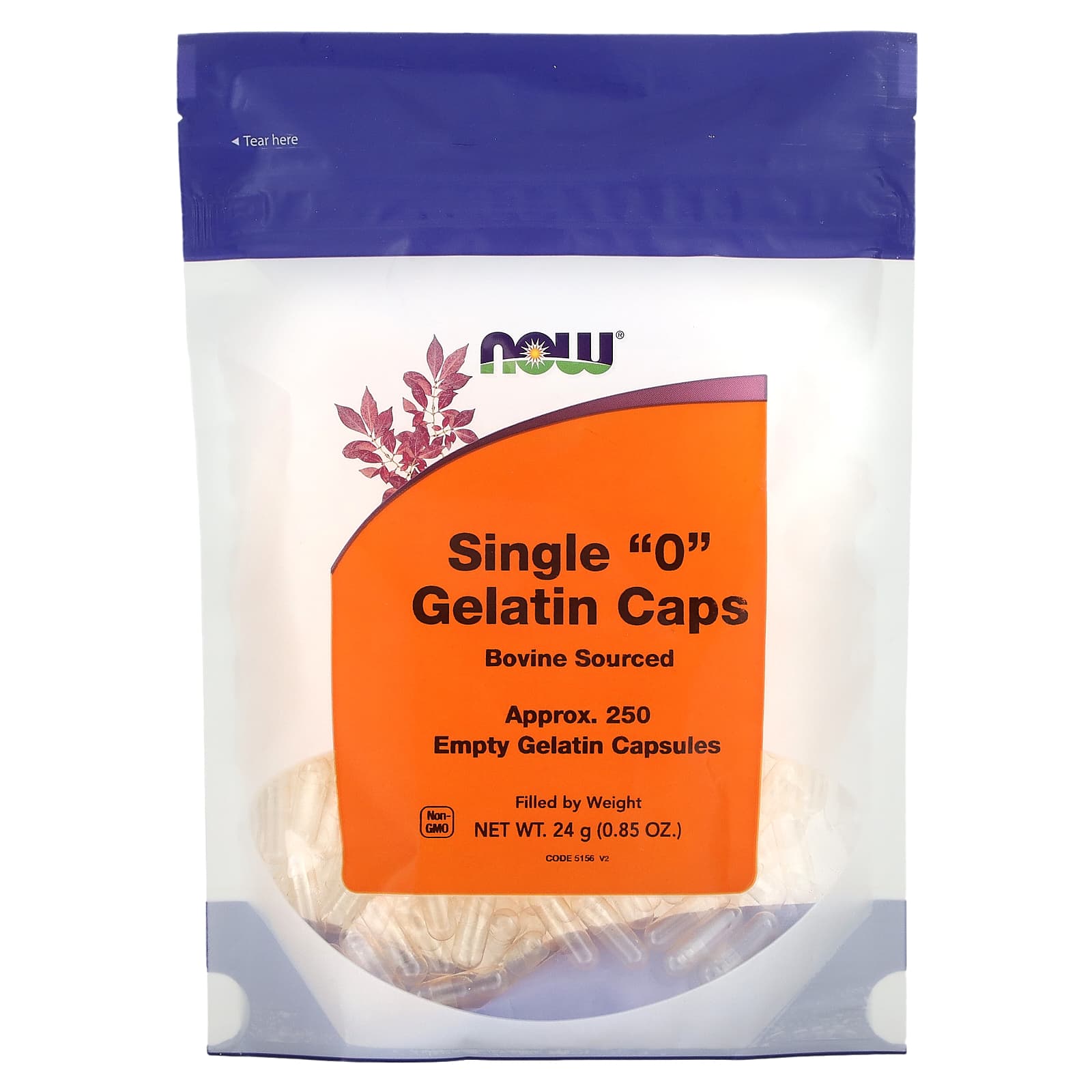 NOW Foods, Single "0" Gelatin Caps, Approx. 250 Empty Gelatin Capsules, 0.85 oz (24 g) - Image 1
