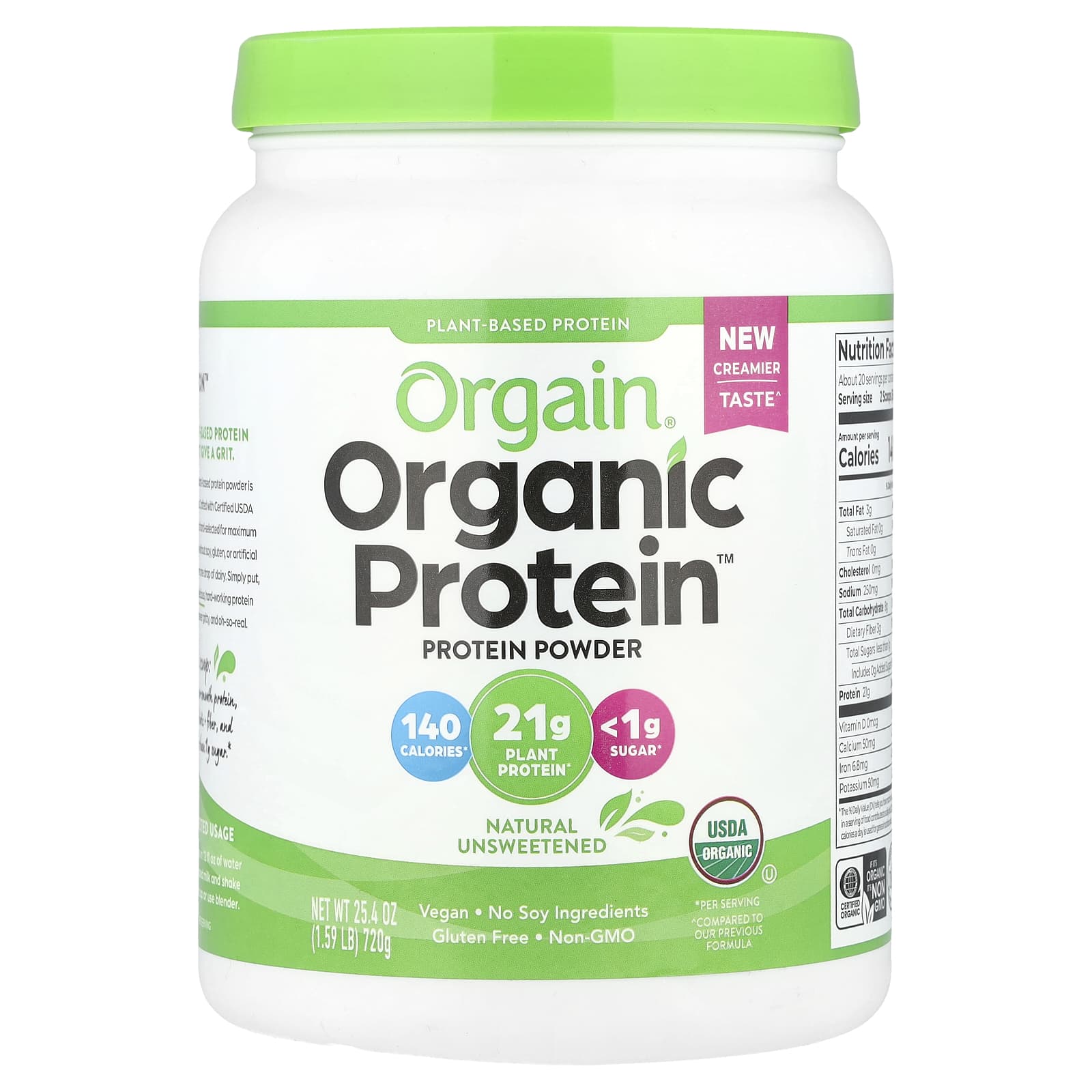 Orgain, Organic Protein Powder, Plant Based, Natural Unsweetened, 1.59 lb (720 g) - Image 1
