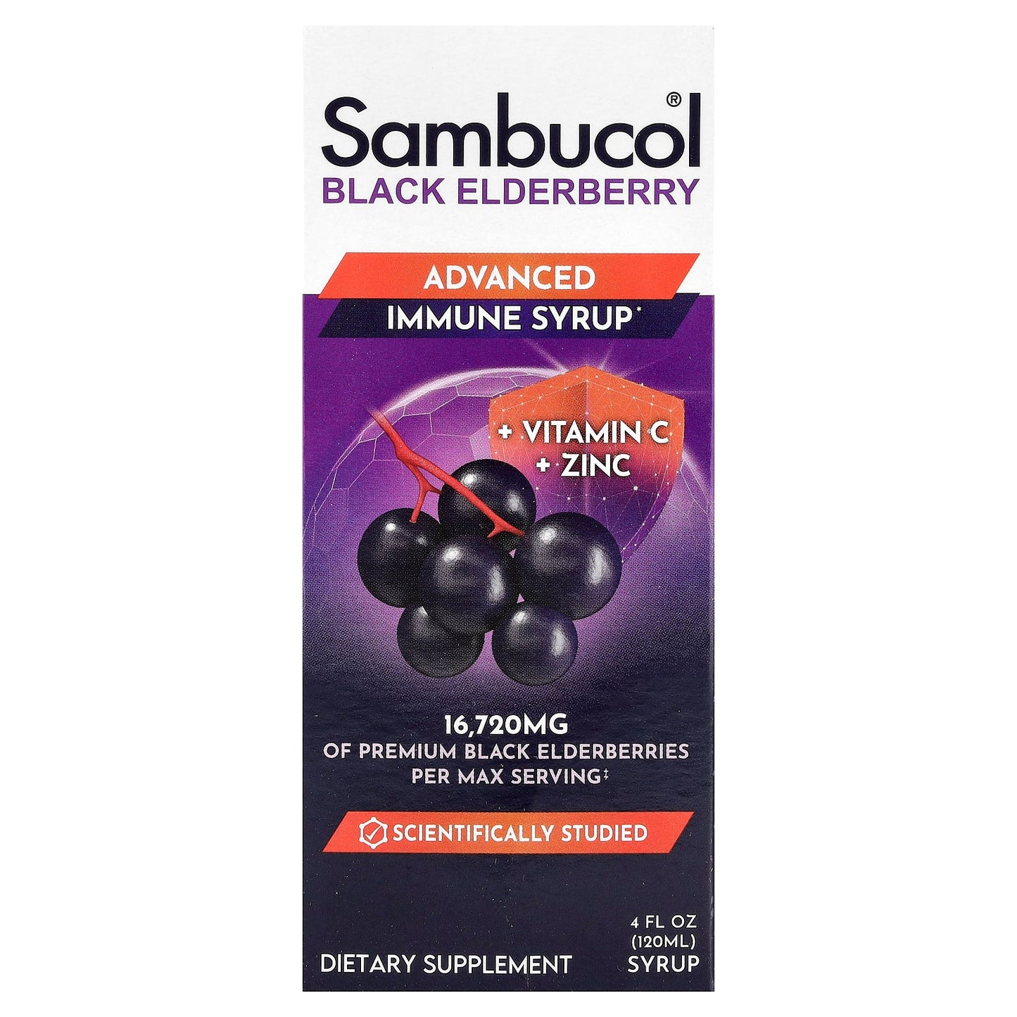 Sambucol, Black Elderberry Syrup, Advanced Immune, Vitamin C + Zinc, 4 fl oz (120 ml) - Image 1