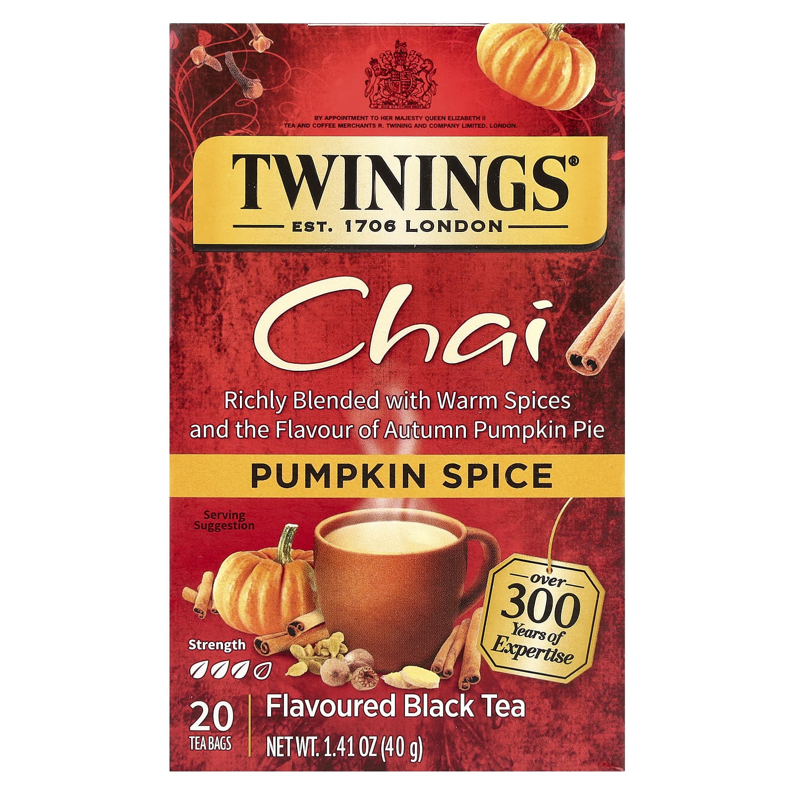 Twinings, Flavored Black Tea, Chai, Pumpkin Spice, 20 Tea Bags, 1.41 oz (40 g) - Image 1