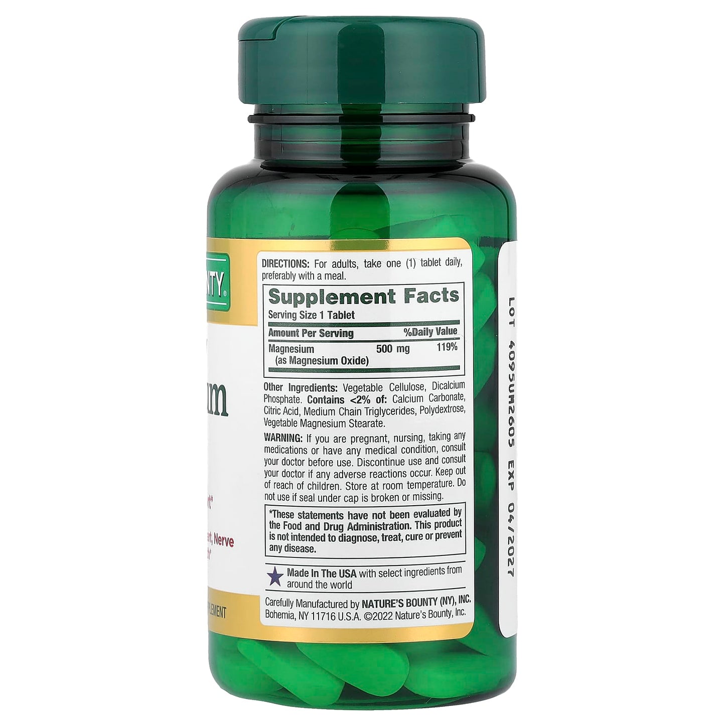 Nature's Bounty, Magnesium, High Potency, 500 mg, 100 Coated Tablets - Image 2