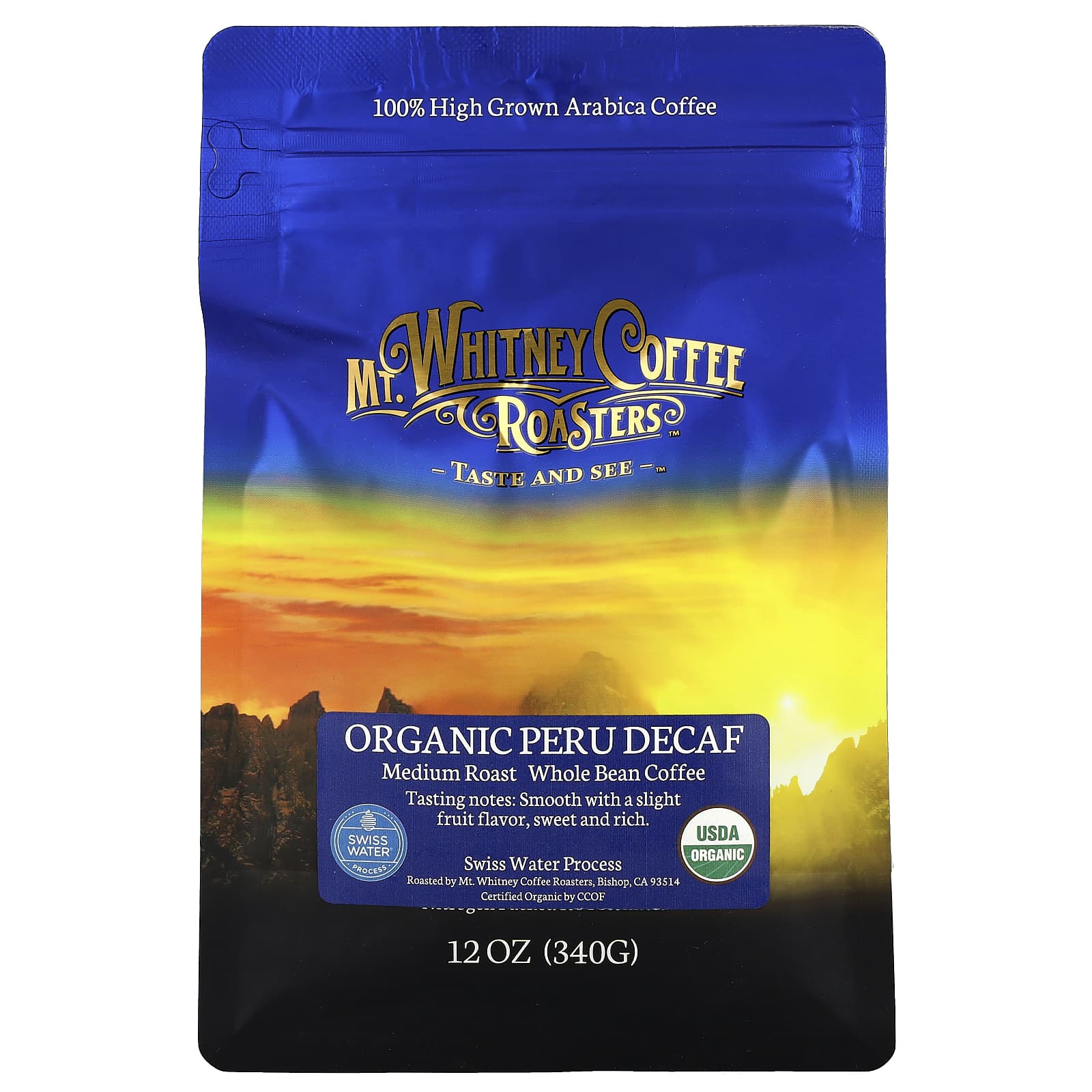 Mt. Whitney Coffee Roasters, Organic Peru Decaf, Whole Bean, Medium Roast, 12 oz (340 g) - Image 1