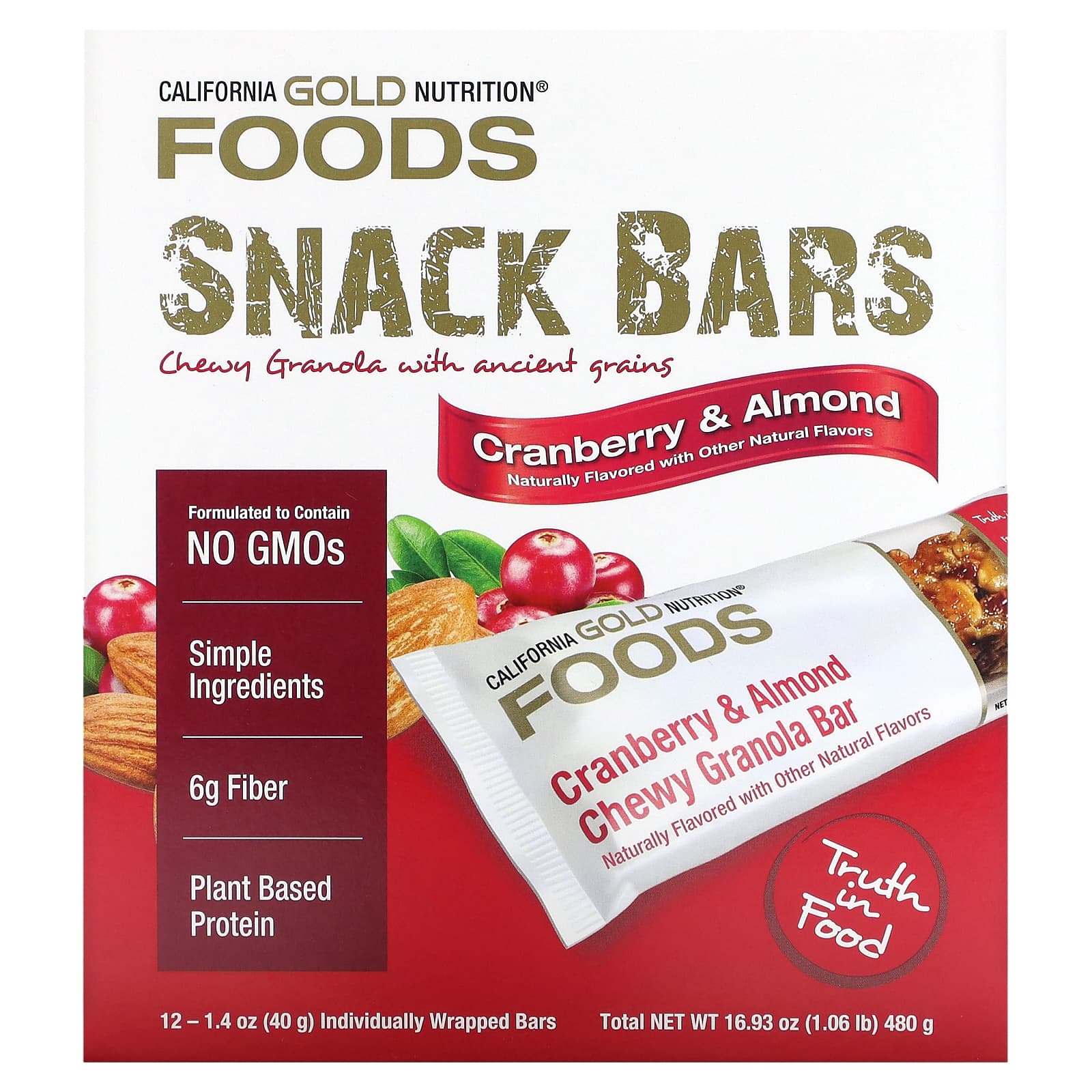 Cranberry & Almond Chewy Granola Bars by California Gold Nutrition - 12 Bars - Image 1