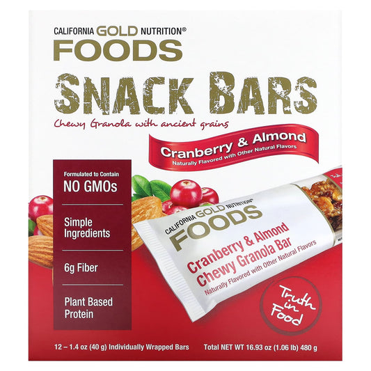 Cranberry & Almond Chewy Granola Bars by California Gold Nutrition - 12 Bars - Image 1