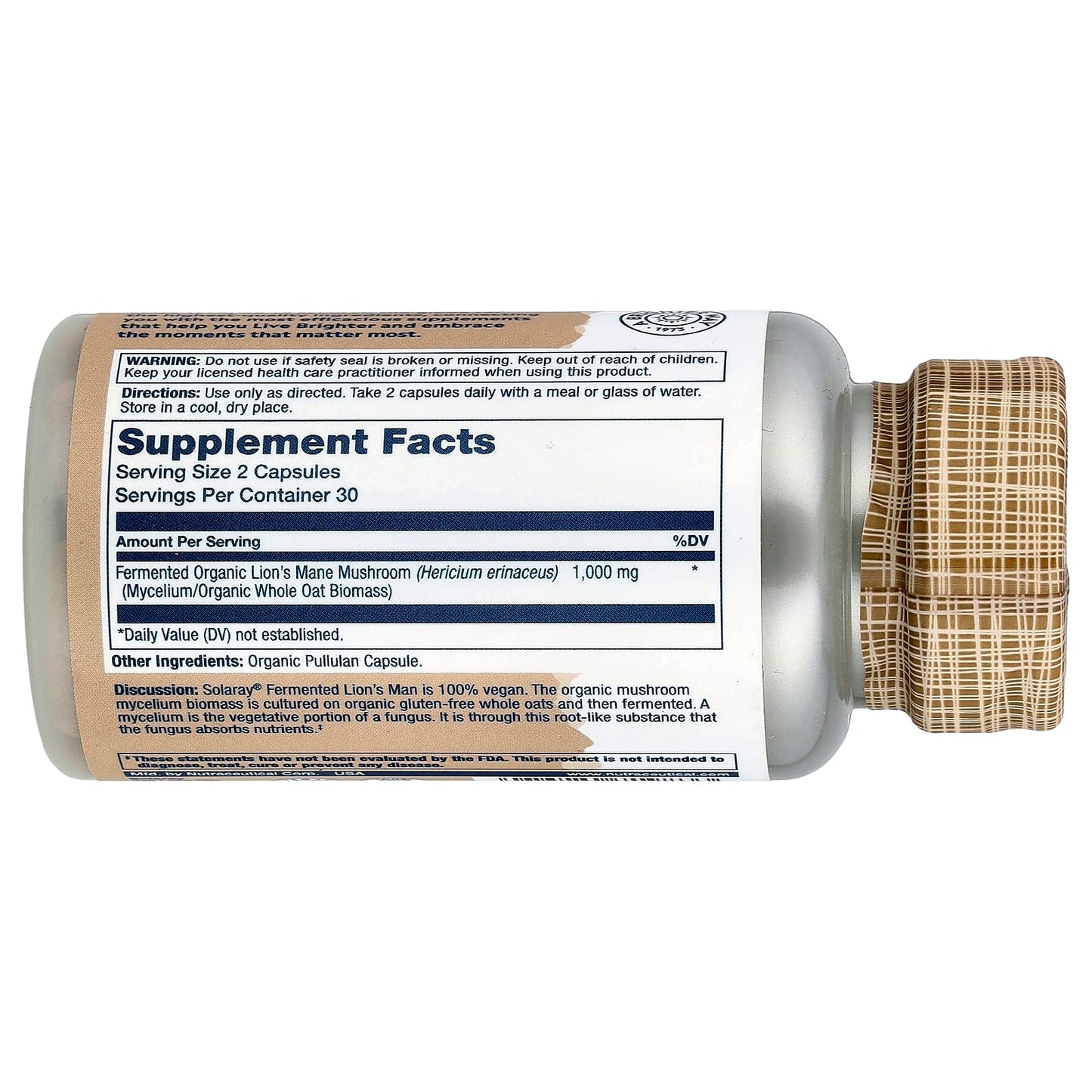 Solaray, Organic Lion's Mane, Fermented, 60 Organic Capsules (500 mg per Capsule) - Image 2
