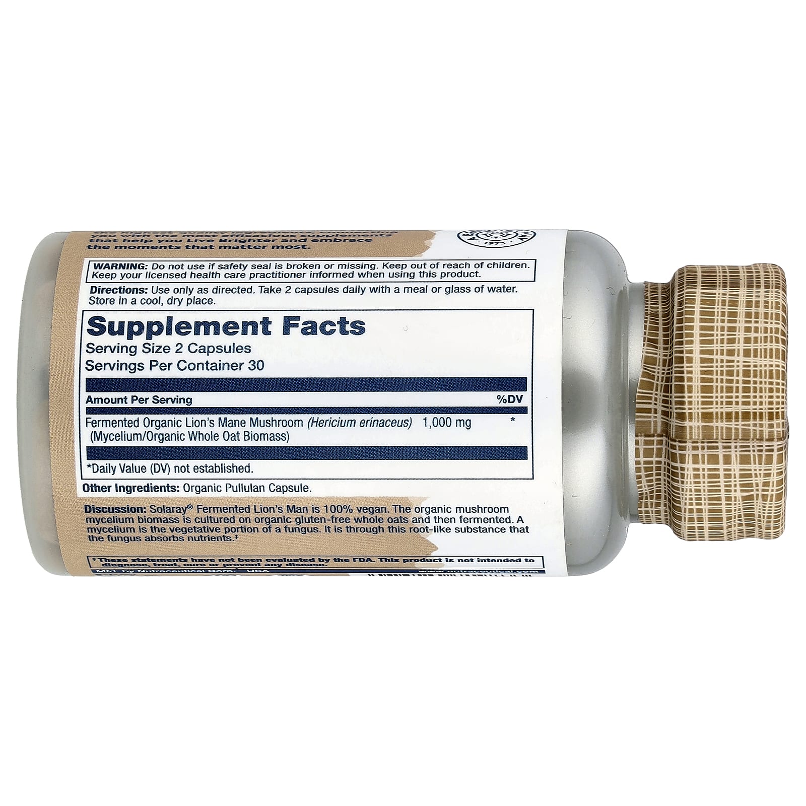 Solaray, Organic Lion's Mane, Fermented, 60 Organic Capsules (500 mg per Capsule) - Image 2