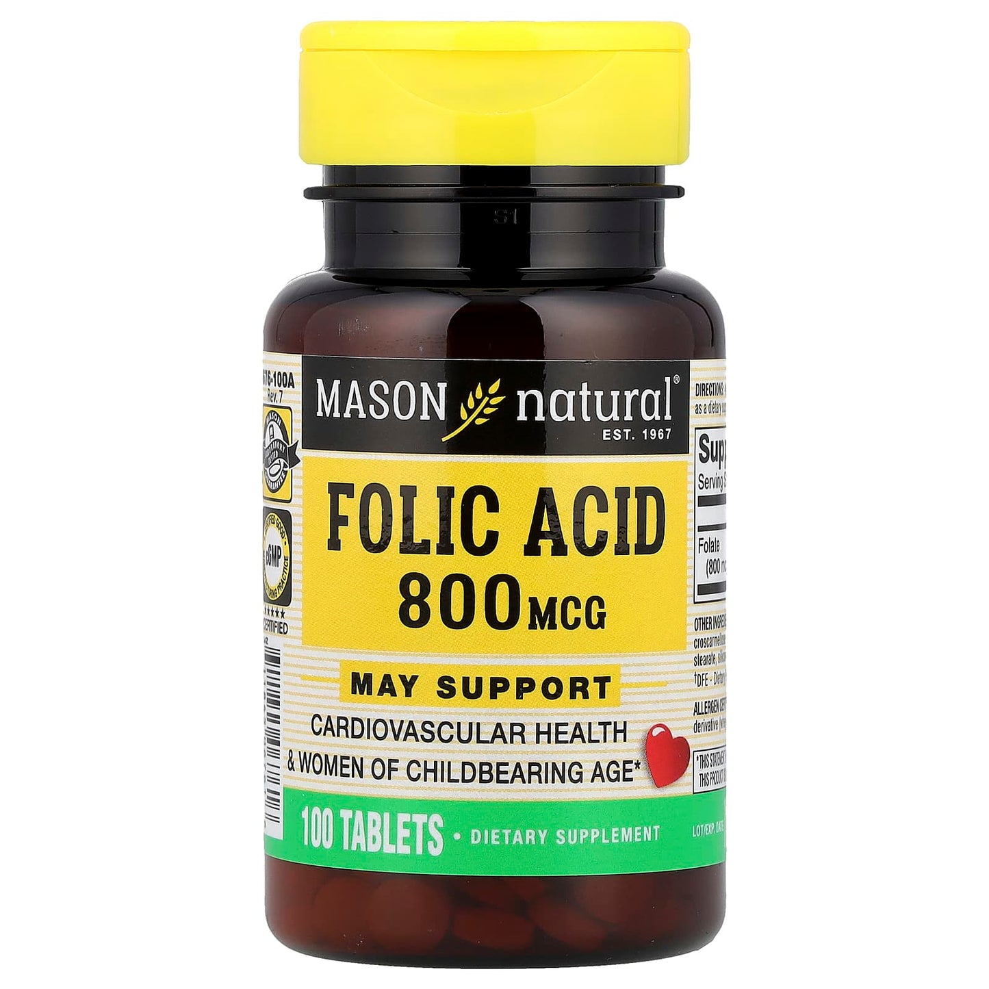 Mason Natural, Folic Acid, 800 mcg, 100 Tablets - Image 1
